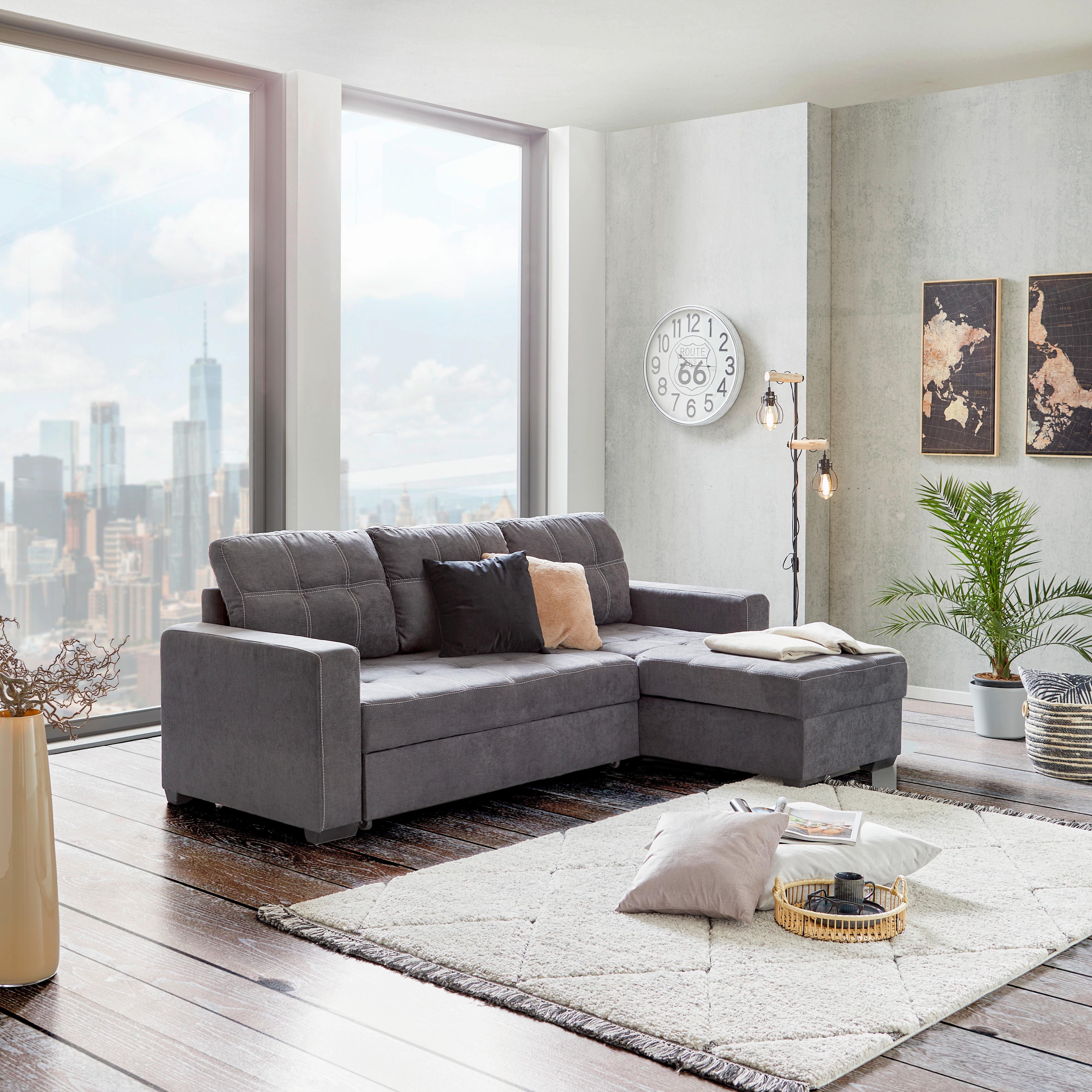Ecksofa Mit Schlaffunktion & Bettkasten Mediolan Dunkelgrau - Dunkelgrau/Schwarz, Design, Textil (240/160cm) - Ondega