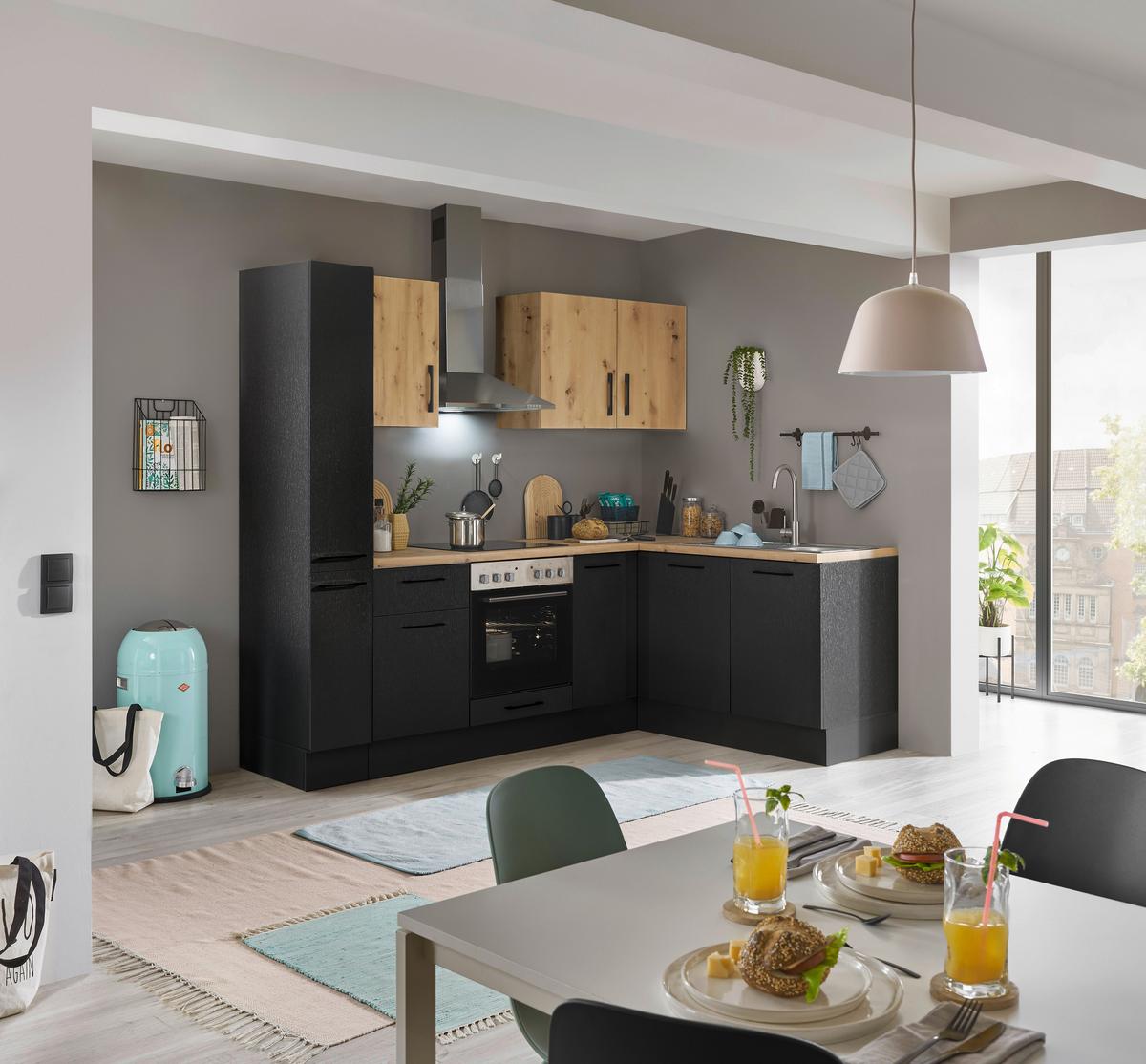 Eckküche Turin Schwarz/Eiche Dekor 240x165 cm - Schwarz/Eiche Artisan, Basics, Holzwerkstoff (240/165cm) - MID.YOU