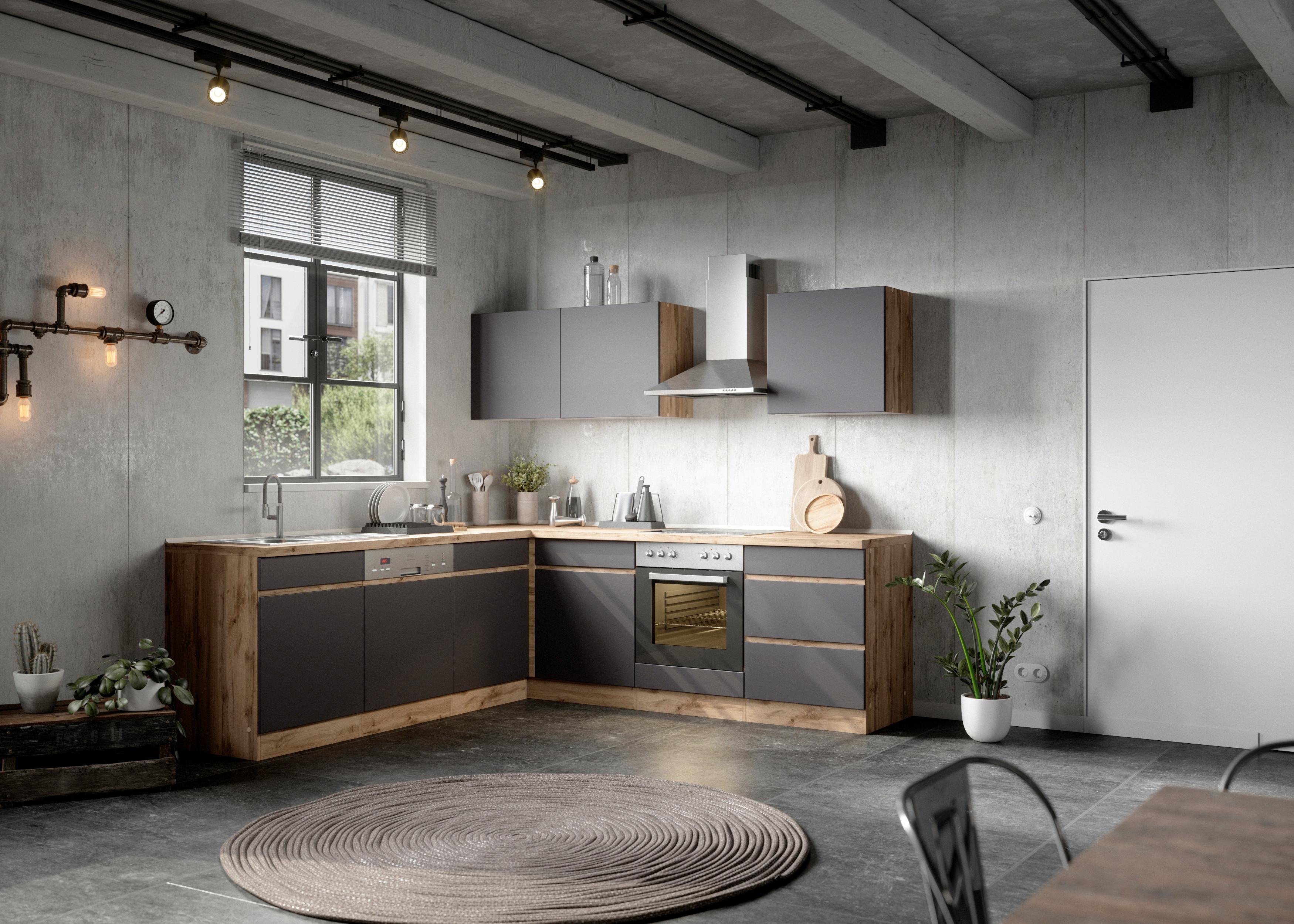 Eckküche Turin Mit Geräte 240x240 Cm Grau/eiche Dekor - Eiche Wotan/Grau, Design, Holzwerkstoff (240/240cm) - Held