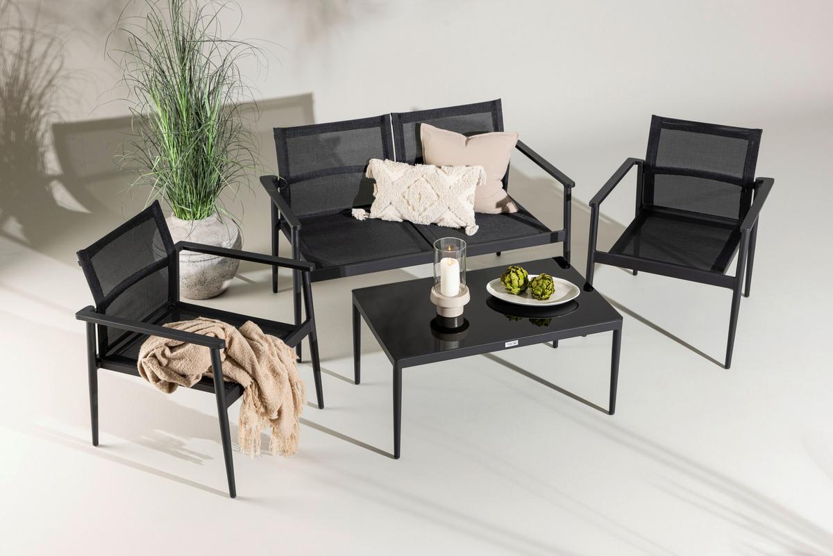 Gartengarnitur 4-Tlg. Break Aluminium/Glas - Schwarz, KONVENTIONELL, Glas/Textil - Gardenson