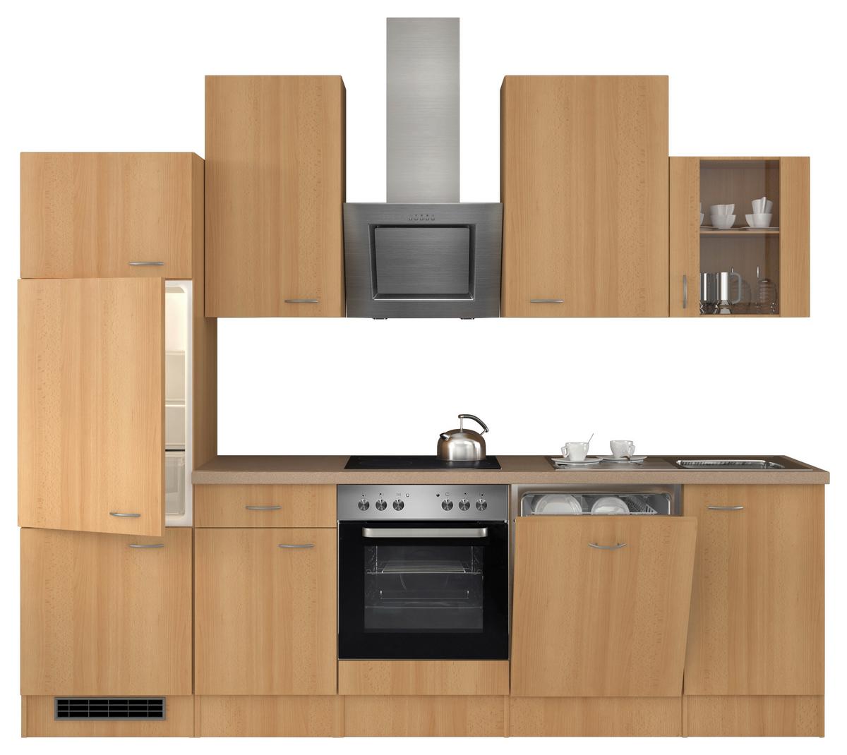 Küchenzeile Nano M. Geräten 280 Cm Buche/creme Dekor - Beige/Buchefarben, MODERN, Glas/Holzwerkstoff (280cm) - FlexWell