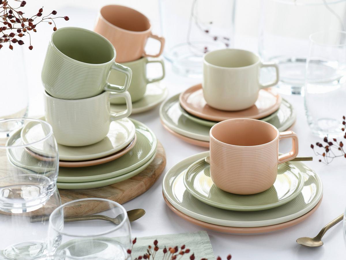 Kaffeeservice 18-Teilig. Porzellan, multicolor - Salbeigrün/Creme, Basics, Keramik - Creatable