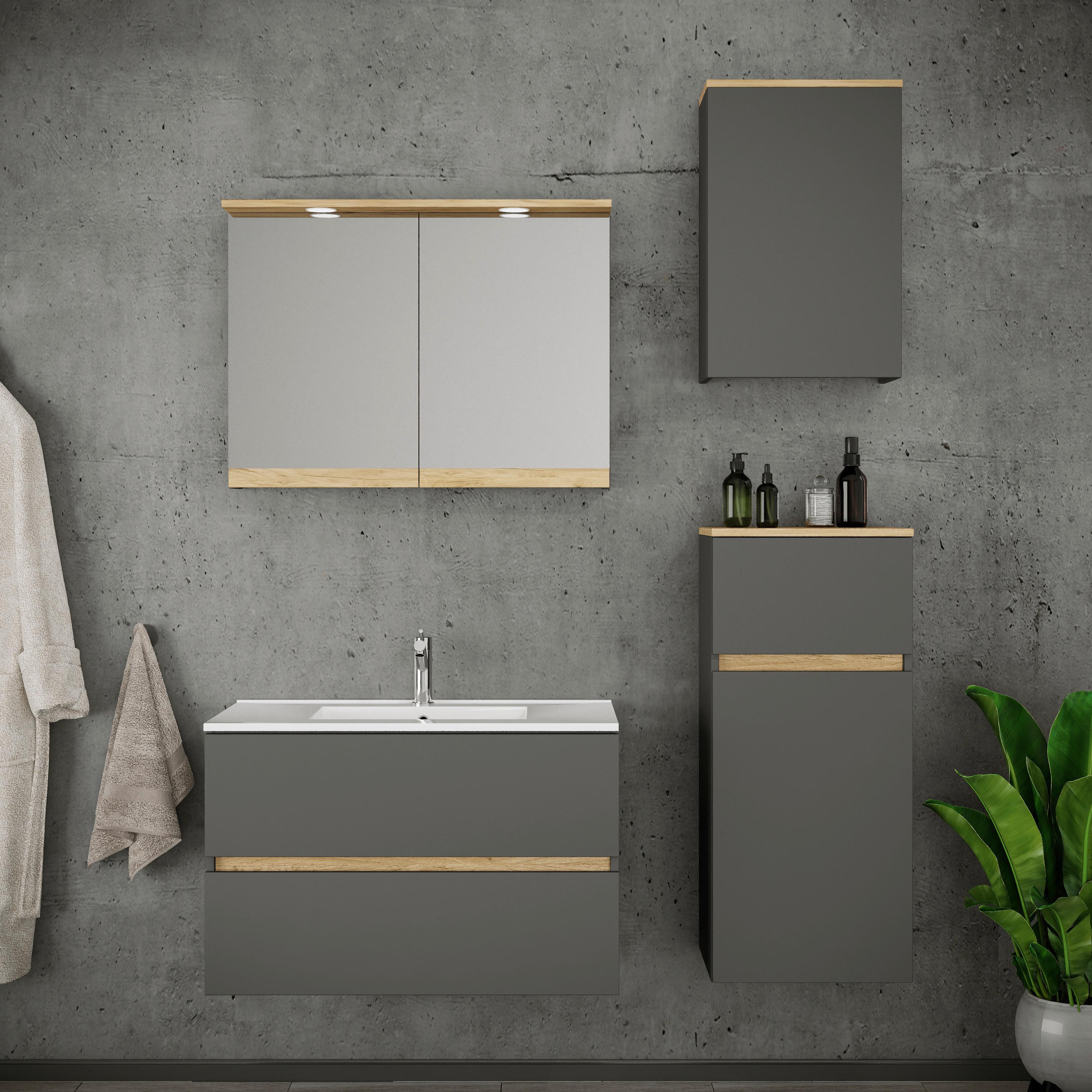 Fürdőszobabútor Cosila - méztölgy színű/antracit, Trend, faalapú anyag/kerámia (121cm) - MID.YOU