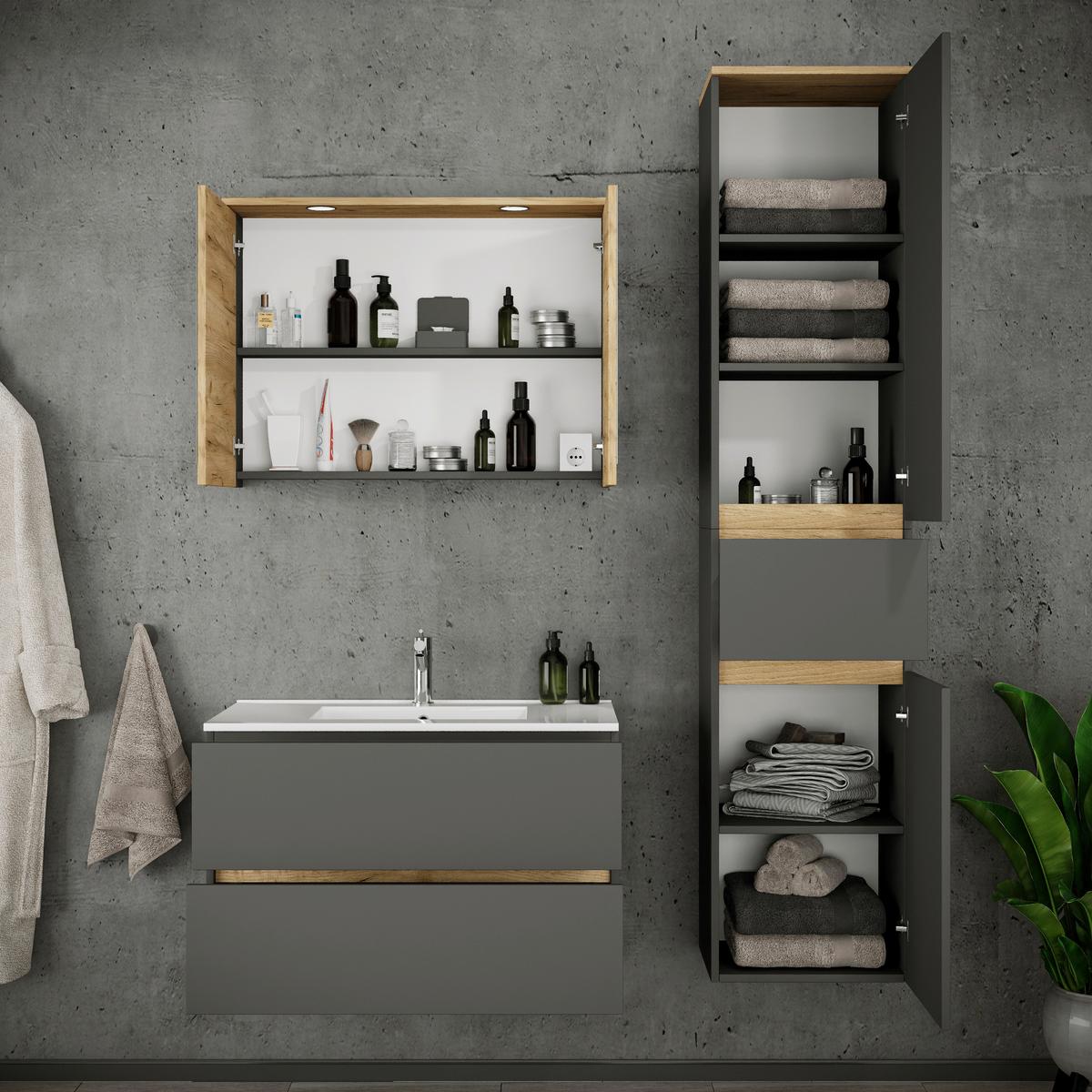 Fürdőszobabútor Cosila - méztölgy színű/antracit, Trend, faalapú anyag/kerámia (121cm) - MID.YOU