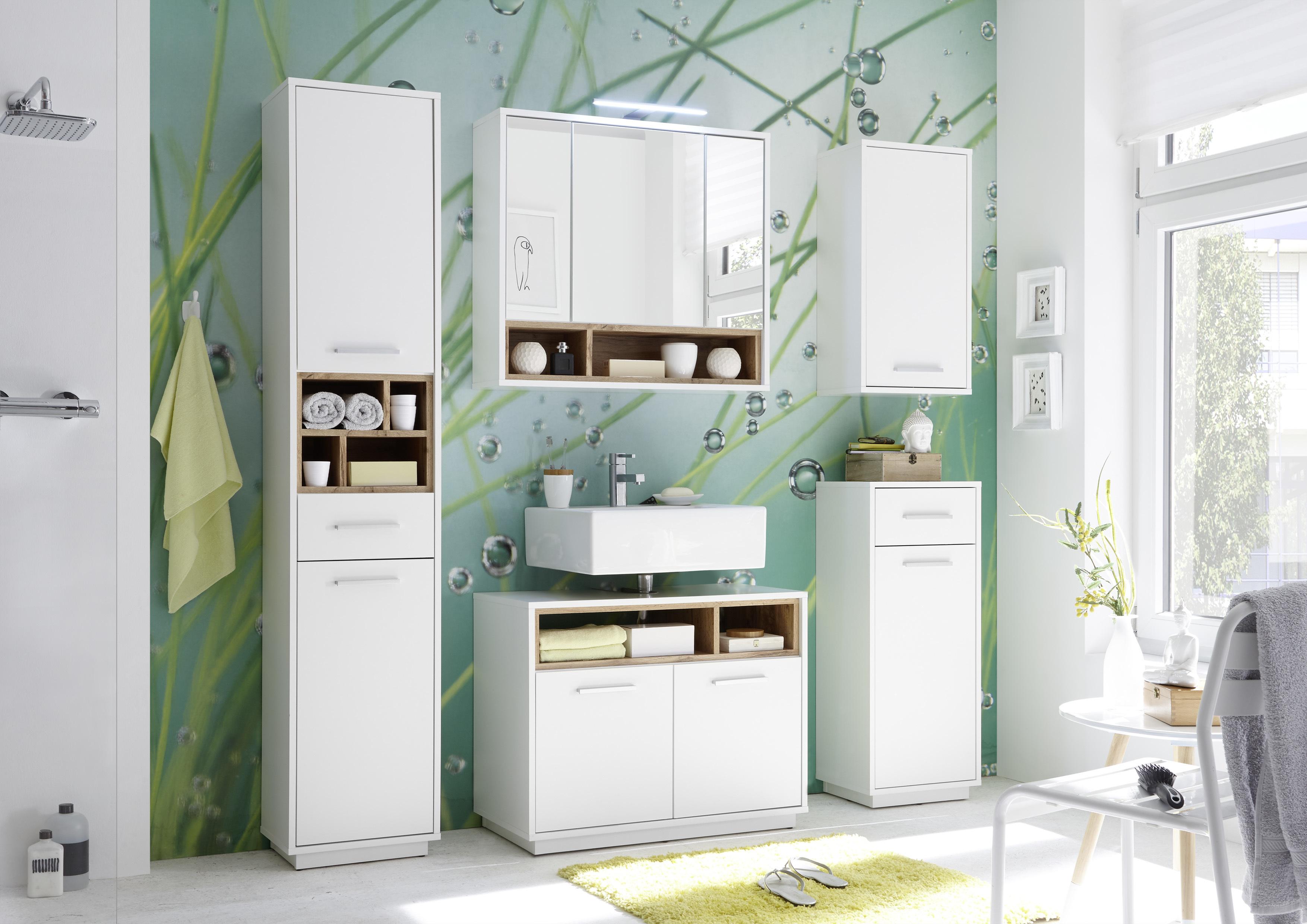 Kupelňová skrinka MILANO šírka 80cm - biela/farba duba, Design, kompozitné drevo/sklo (80/72/20cm) - MID.YOU