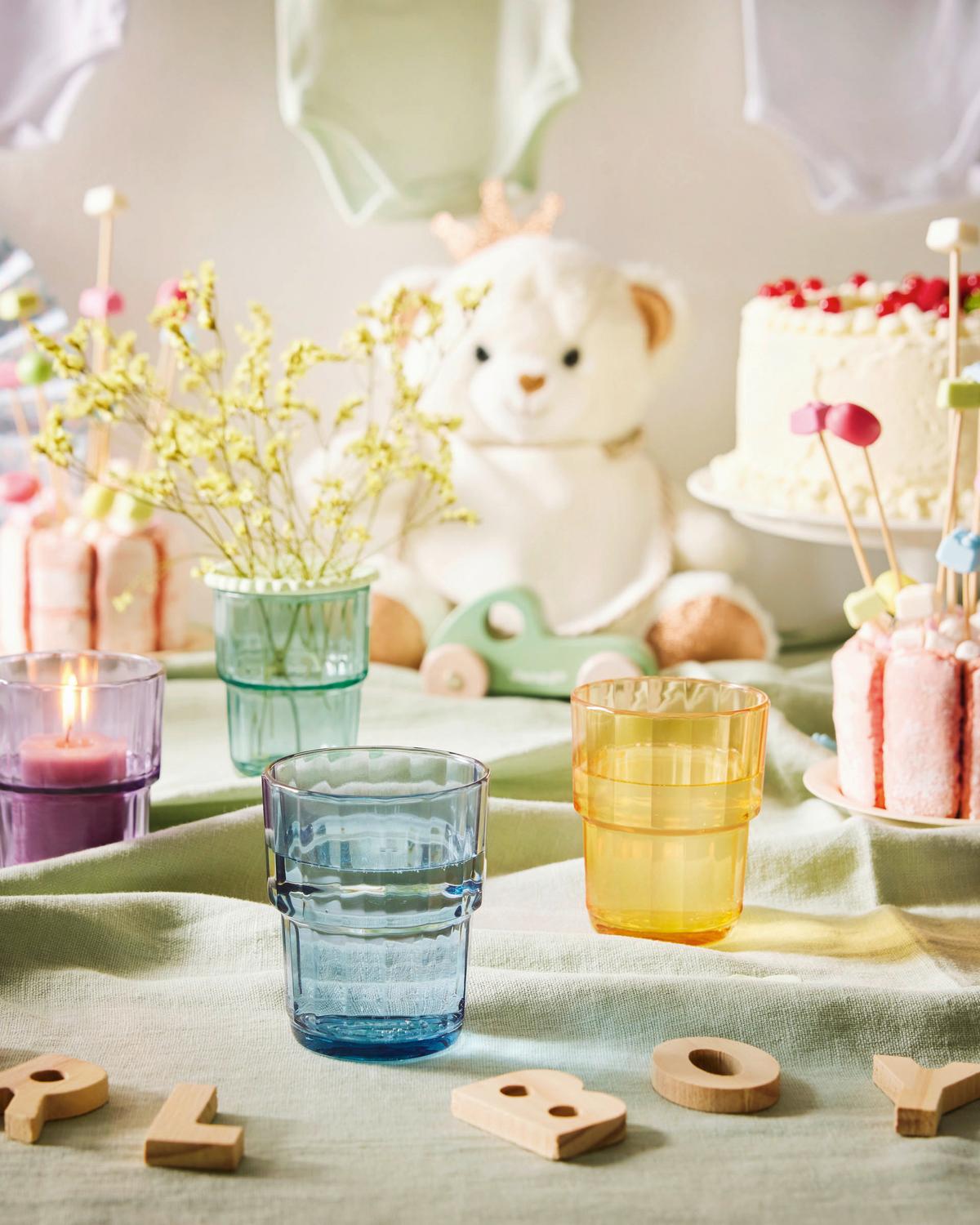 Trinkglas Noelle - Pastellblau/Salbeigrün, Design, Glas (7,7/9,1cm)