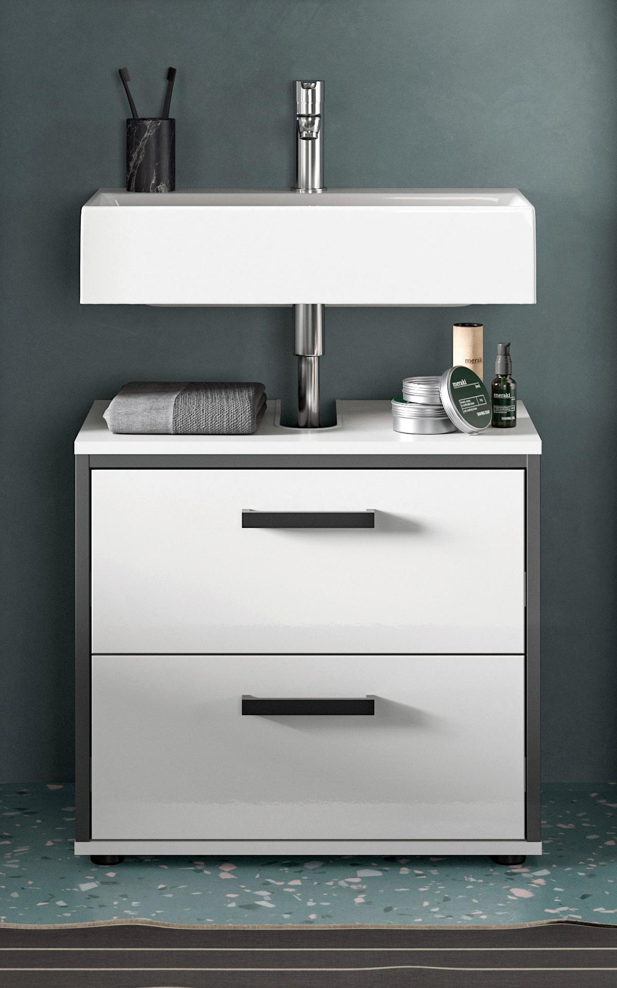 Waschbeckenunterschrank Kojak, Weiß Hochglanz B: 60 Cm - Weiß Hochglanz/Schwarz, MODERN, Holzwerkstoff (60/55/37cm) - MID.YOU