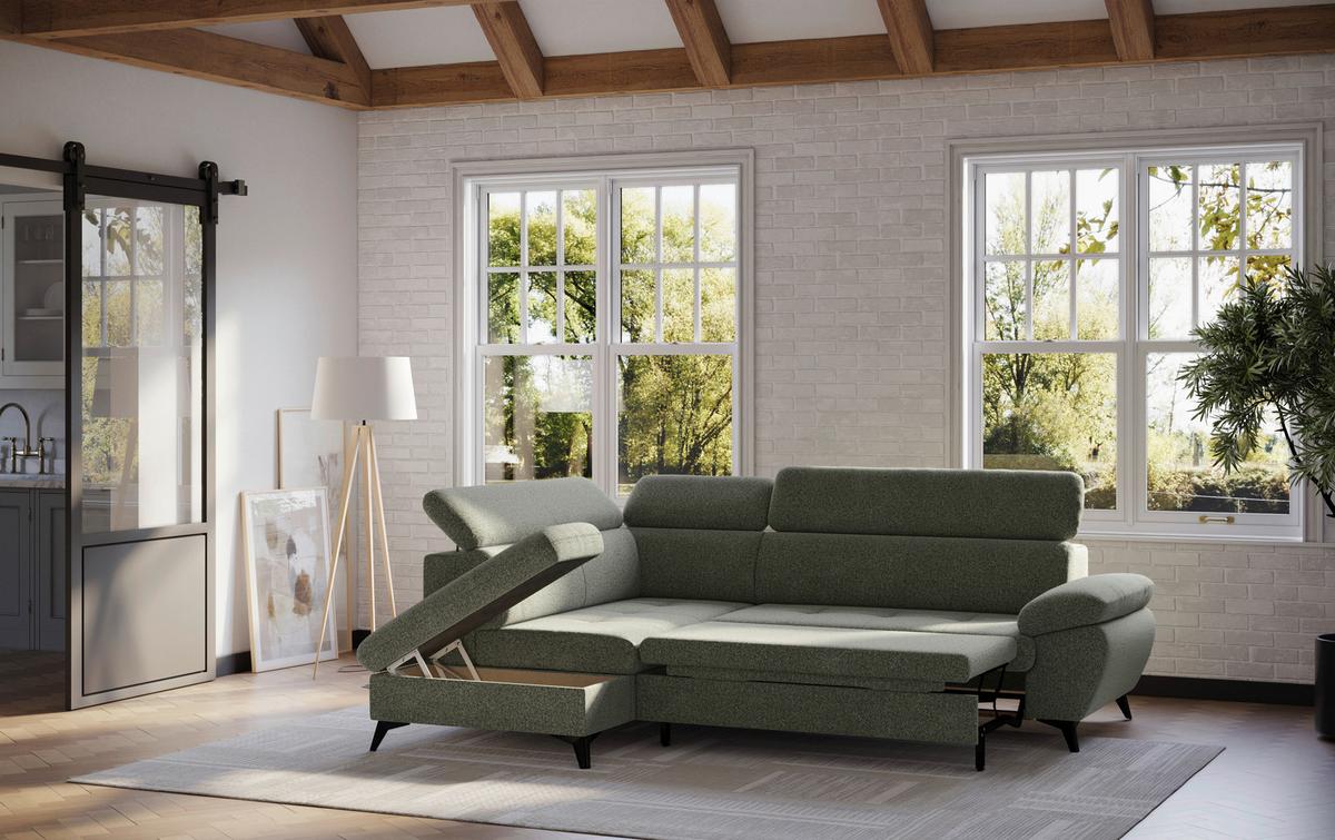 Ecksofa mit Bettfunktion Hudson, Chenille Dunkelgrün - Dunkelgrün/Schwarz, KONVENTIONELL, Textil (207/256cm) - Sembella