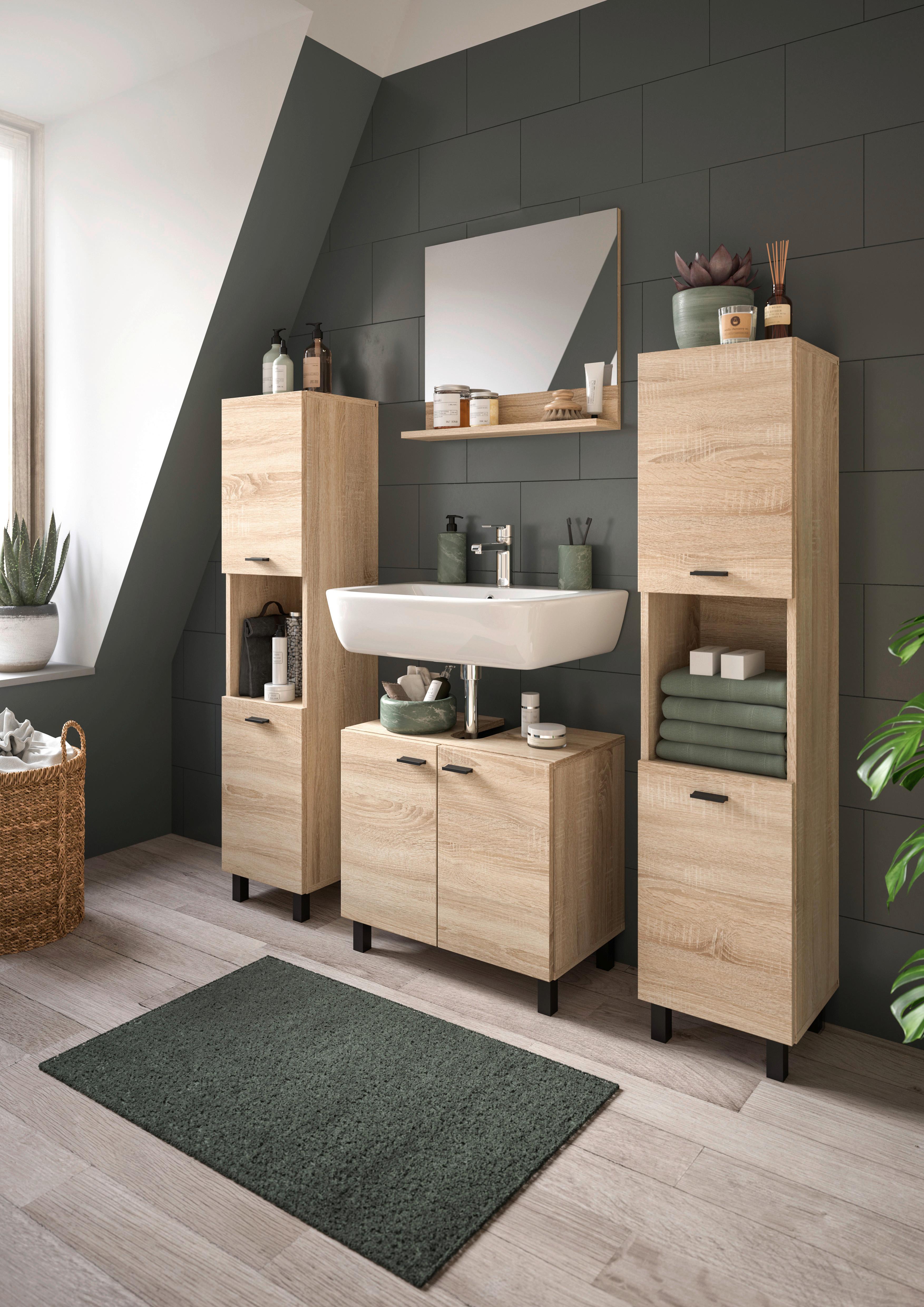 Badezimmer Boston Sonoma Eiche Dekor - Schwarz/Sonoma Eiche, MODERN, Glas/Holzwerkstoff (117cm) - MID.YOU