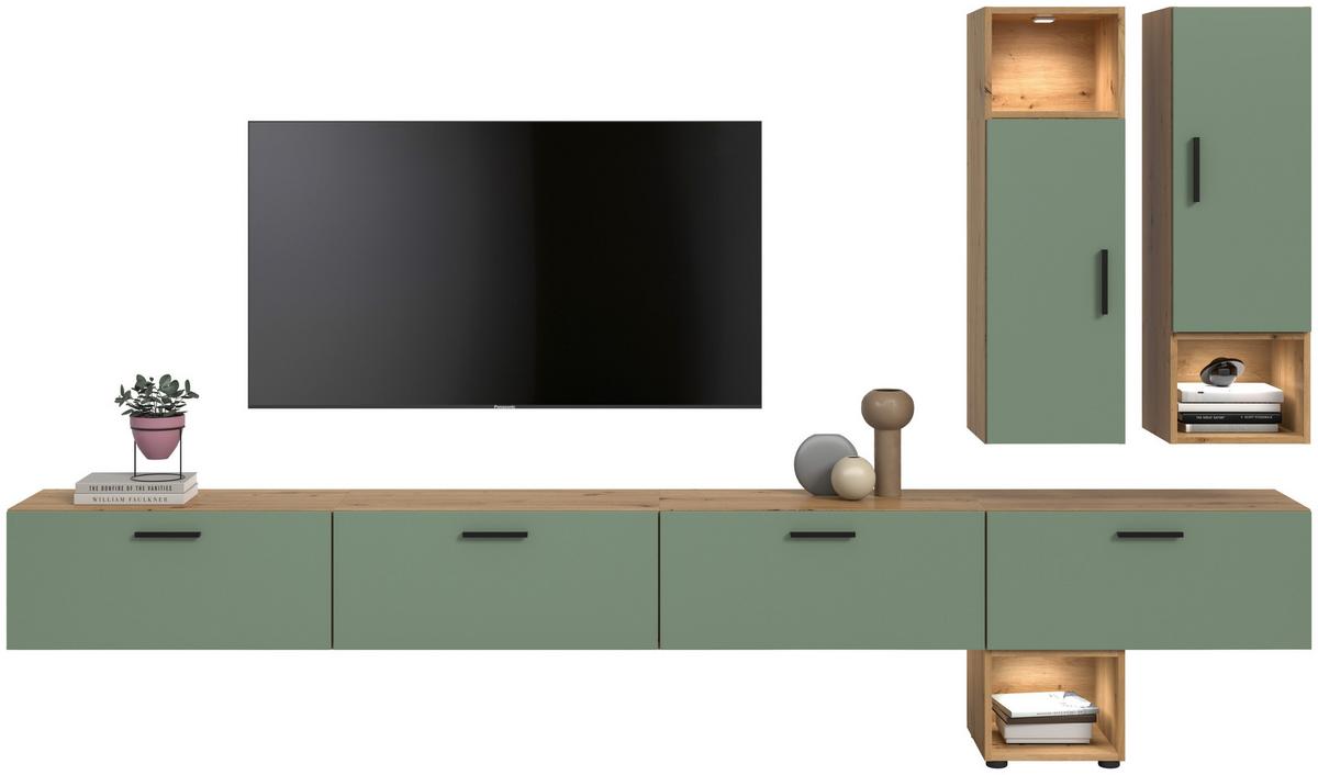 Wohnwand, The ONE 7, B: 300 cm Olivgrün/Artisan Eiche Dekor - Schwarz/Weiß, Trend, Holzwerkstoff (300/178/34cm)