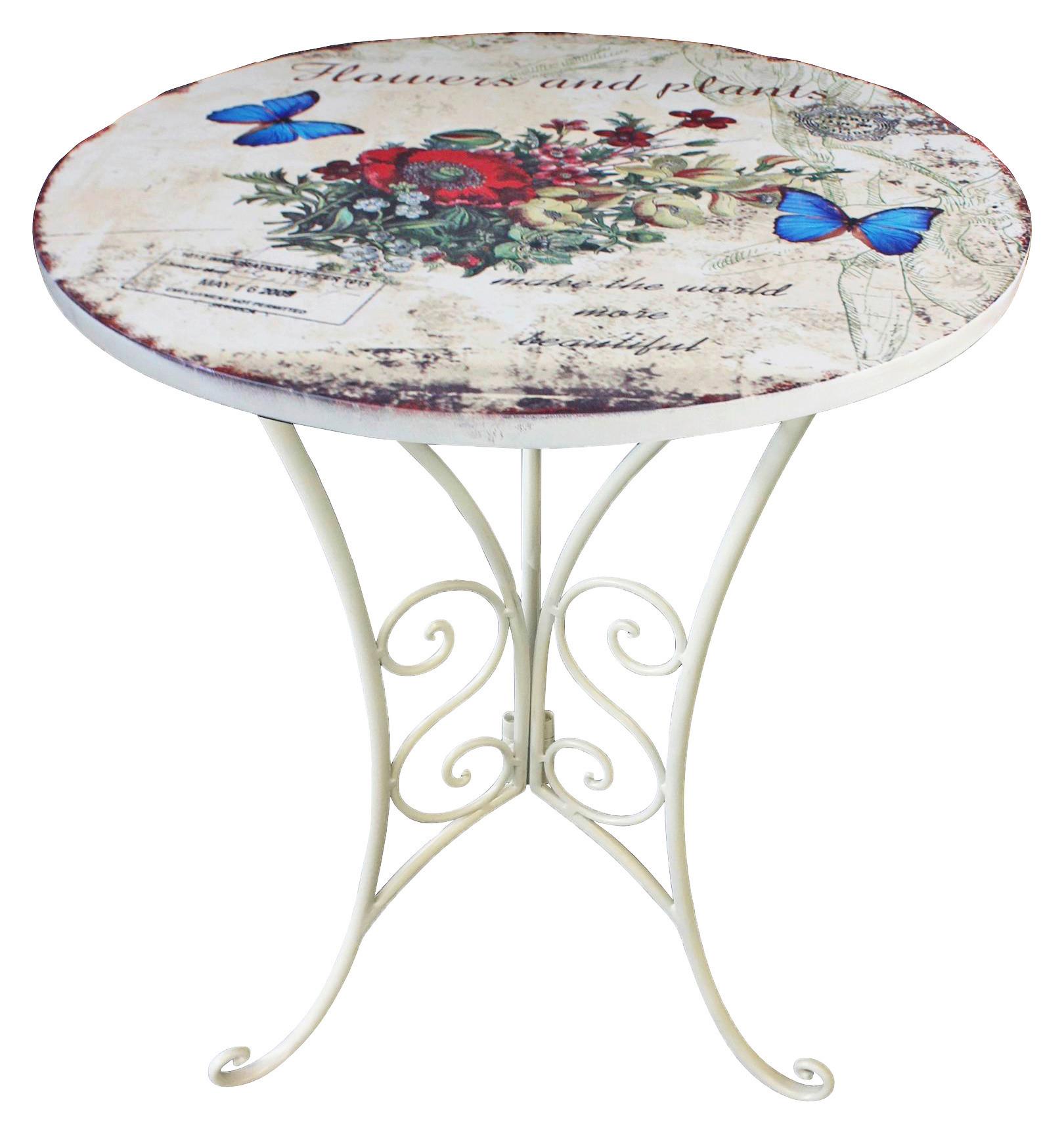 Gartenbeistelltisch aus Eisen Ø ca. 38 cm Floral, Weiß