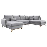 Sedačka LUCILE U, pravá, sv.šedá, úl.prostor a lůžko - světle šedá/přírodní barvy, dřevo/textil (157/312/202cm) - MID.YOU