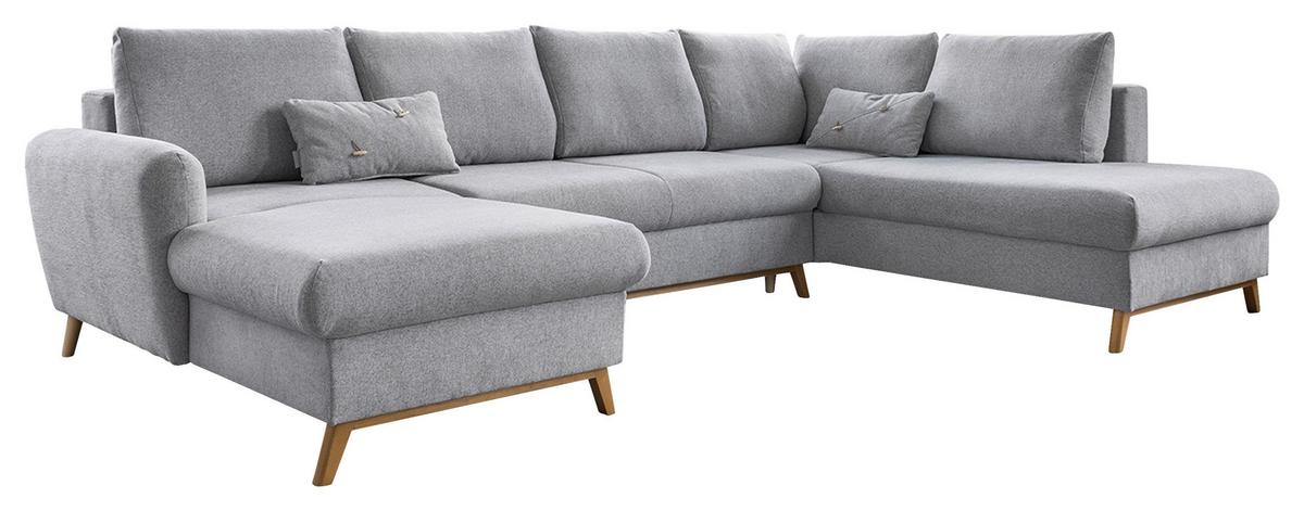 Sedačka LUCILE U, pravá, sv.šedá, úl.prostor a lůžko - světle šedá/přírodní barvy, dřevo/textil (157/312/202cm) - MID.YOU