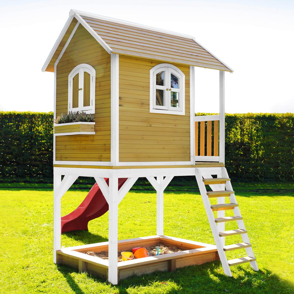 Spielhaus Sarah Rot/Braun/Weiß B: 370 cm - Rot/Braun, KONVENTIONELL, Holz/Kunststoff (370/291/191cm) - Ambia Garden