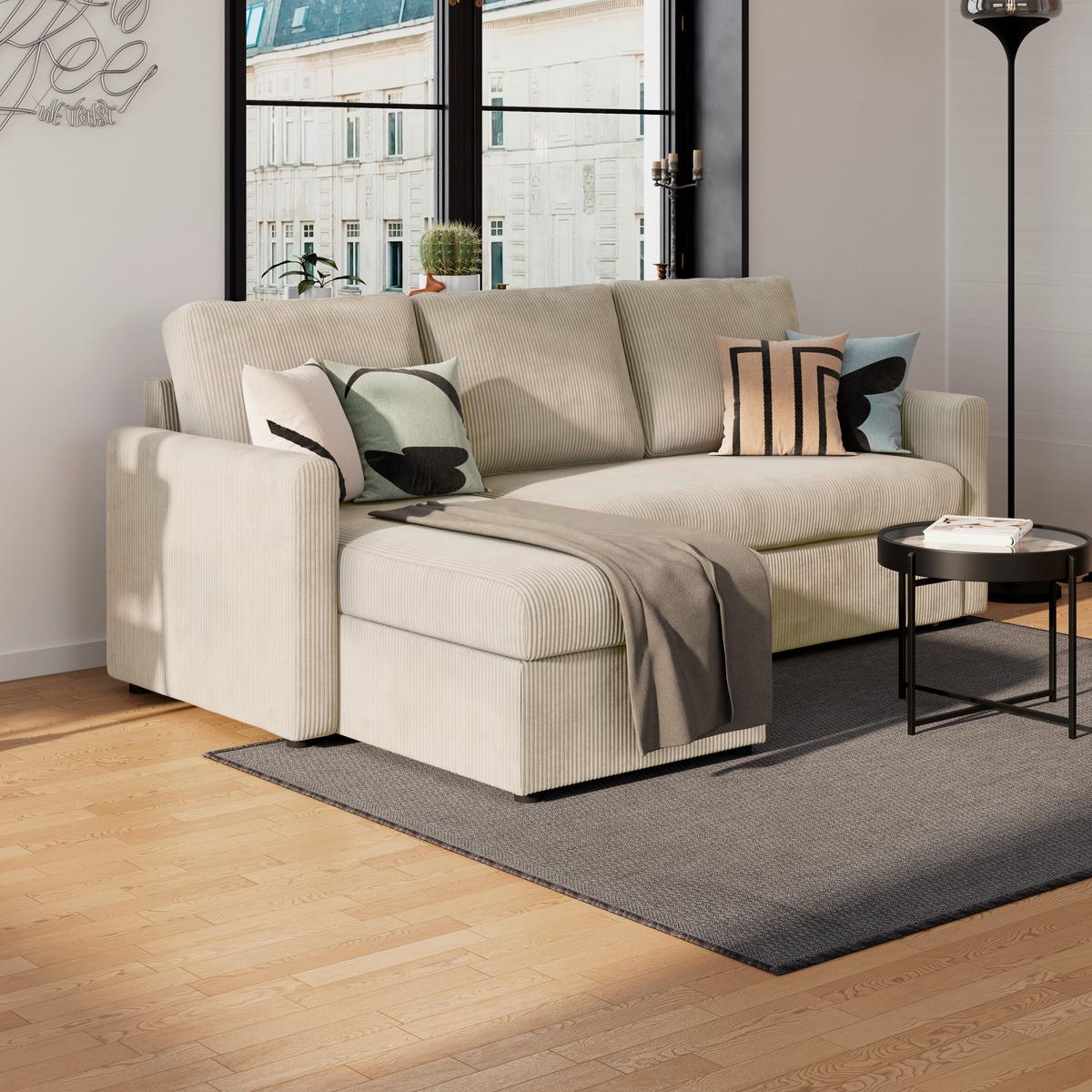 Ecksofa Mit Schlaffunktion Paris Beige Cord 215x145cm - Beige, Basics, Holz/Holzwerkstoff (215/145cm)