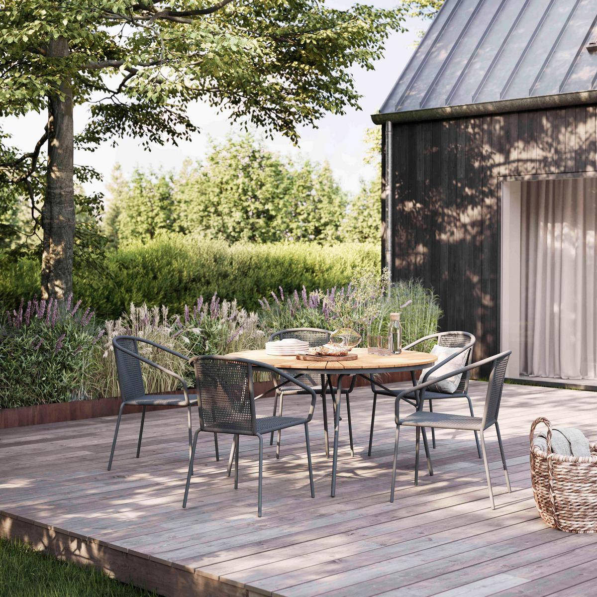 Gartentischgruppe Ellen/Vito 5-teilig, dunkelgrau/Natur - Dunkelgrau/Anthrazit, Natur, Holz/Kunststoff (160/160/74cm) - Gardenson