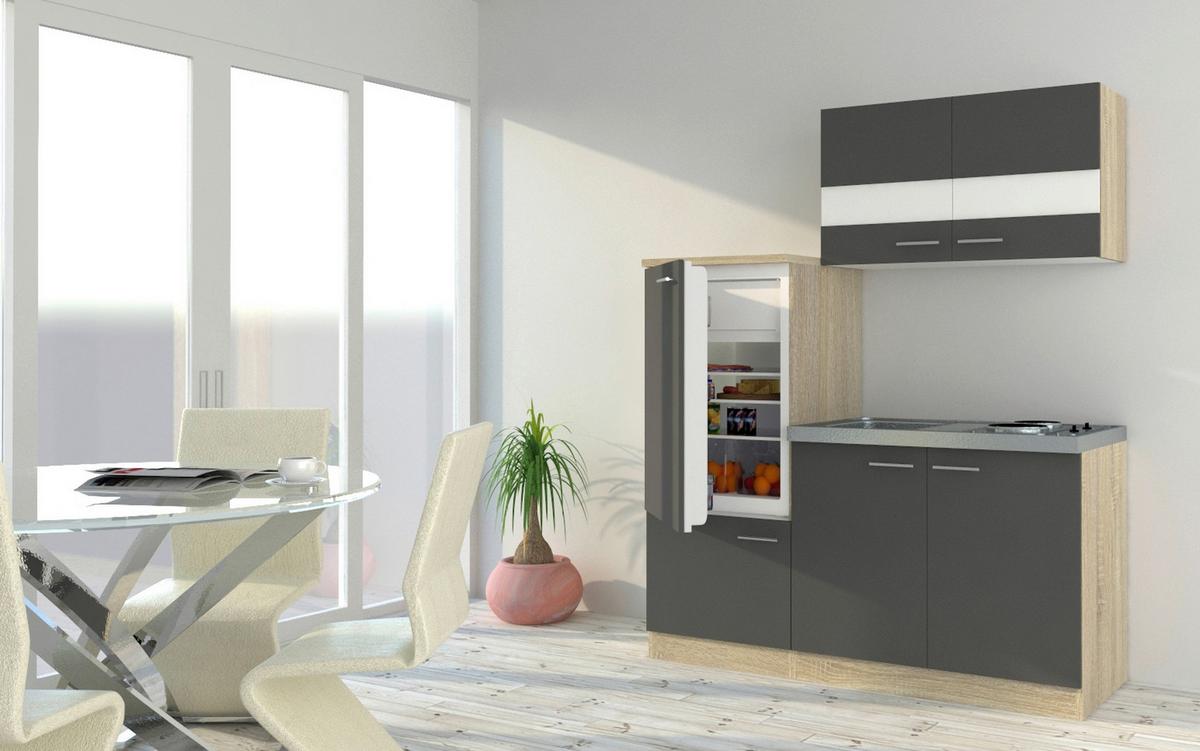 Miniküche mit Kühlschrank + Kochfeld 160 cm Grau/Eiche - Edelstahlfarben/Eichefarben, Basics, Holzwerkstoff/Metall (160cm) - Respekta