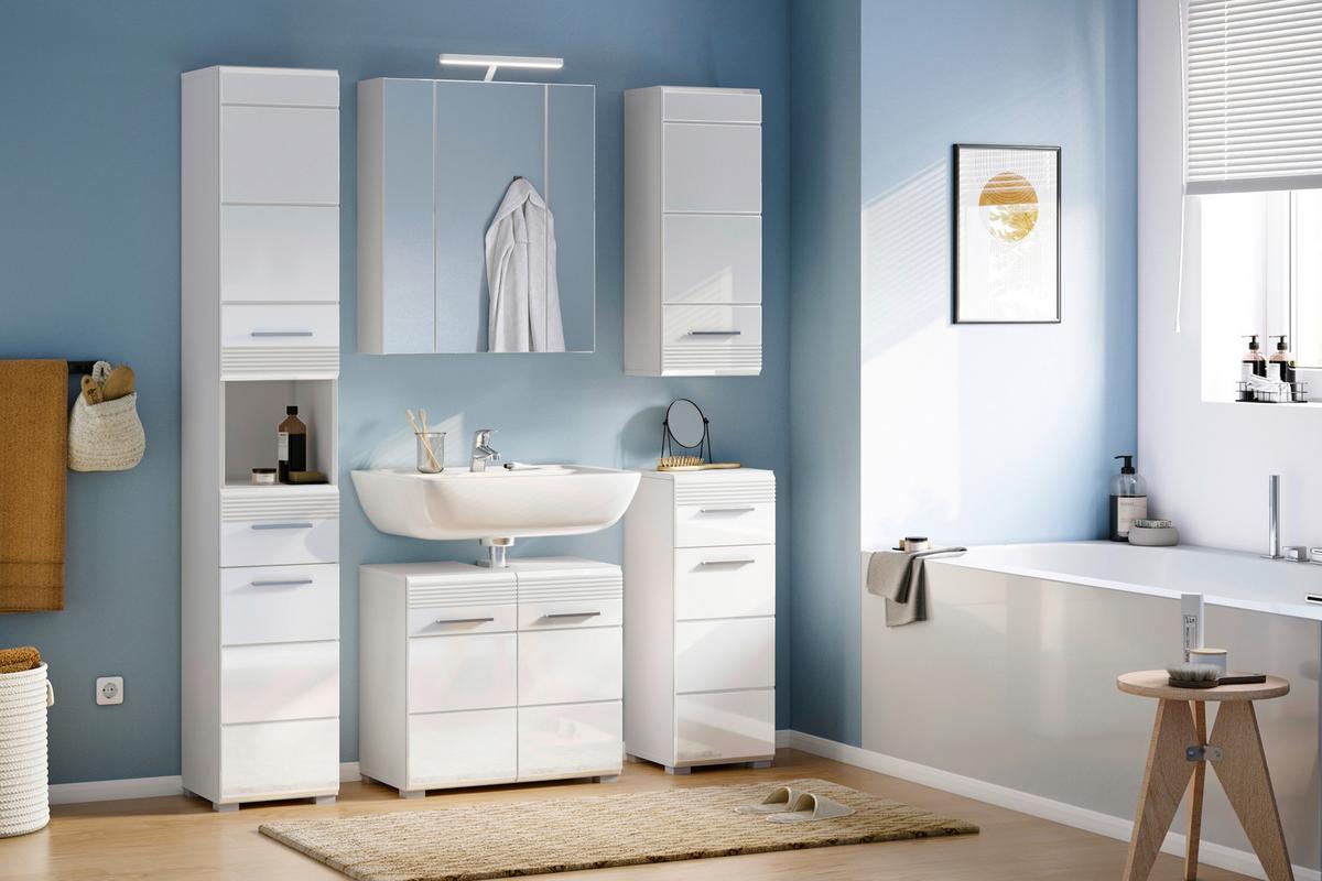 Badezimmer Linus Weiß Hochglanz B: 60cm - Weiß Hochglanz/Silberfarben, MODERN, Glas/Holzwerkstoff (60/182/34cm) - MID.YOU