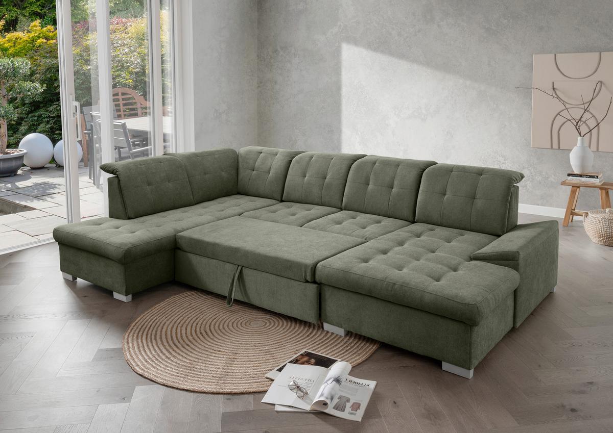 Wohnlandschaft Zira Dunkelgrün U: 212x330x169cm - Chromfarben/Dunkelgrün, MODERN, Textil (212/330/169cm) - Livetastic