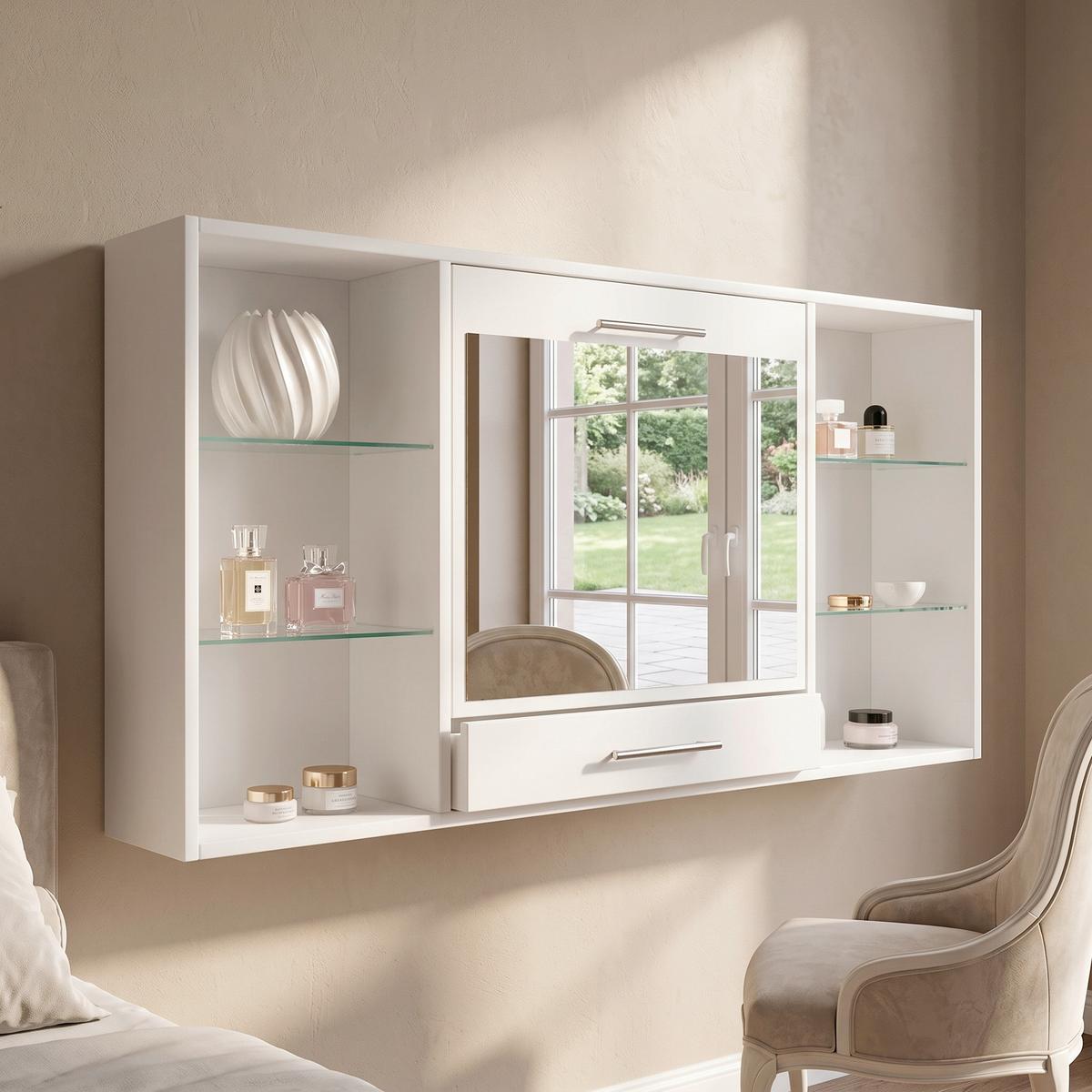 Nástěnný regál se zrcadlem š: 115 cm, bílý - bílá/barvy hliníku, Moderní, kov/kompozitní dřevo (112/60/19,7cm) - MID.YOU