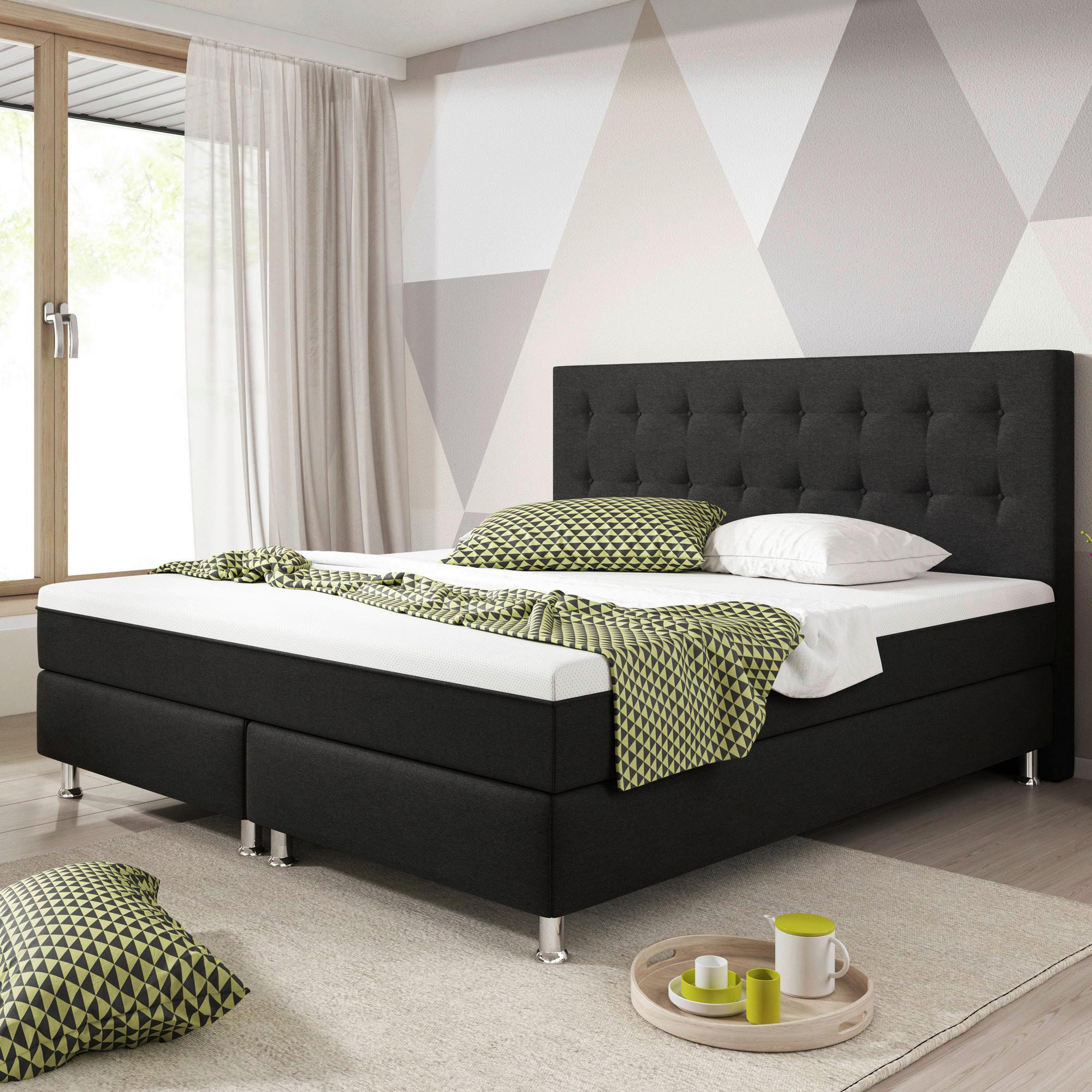 Boxspringbett Mit Topper 180x200 Köln Plus - Silberfarben/Schwarz, KONVENTIONELL, Textil (180/115/210cm) - MID.YOU