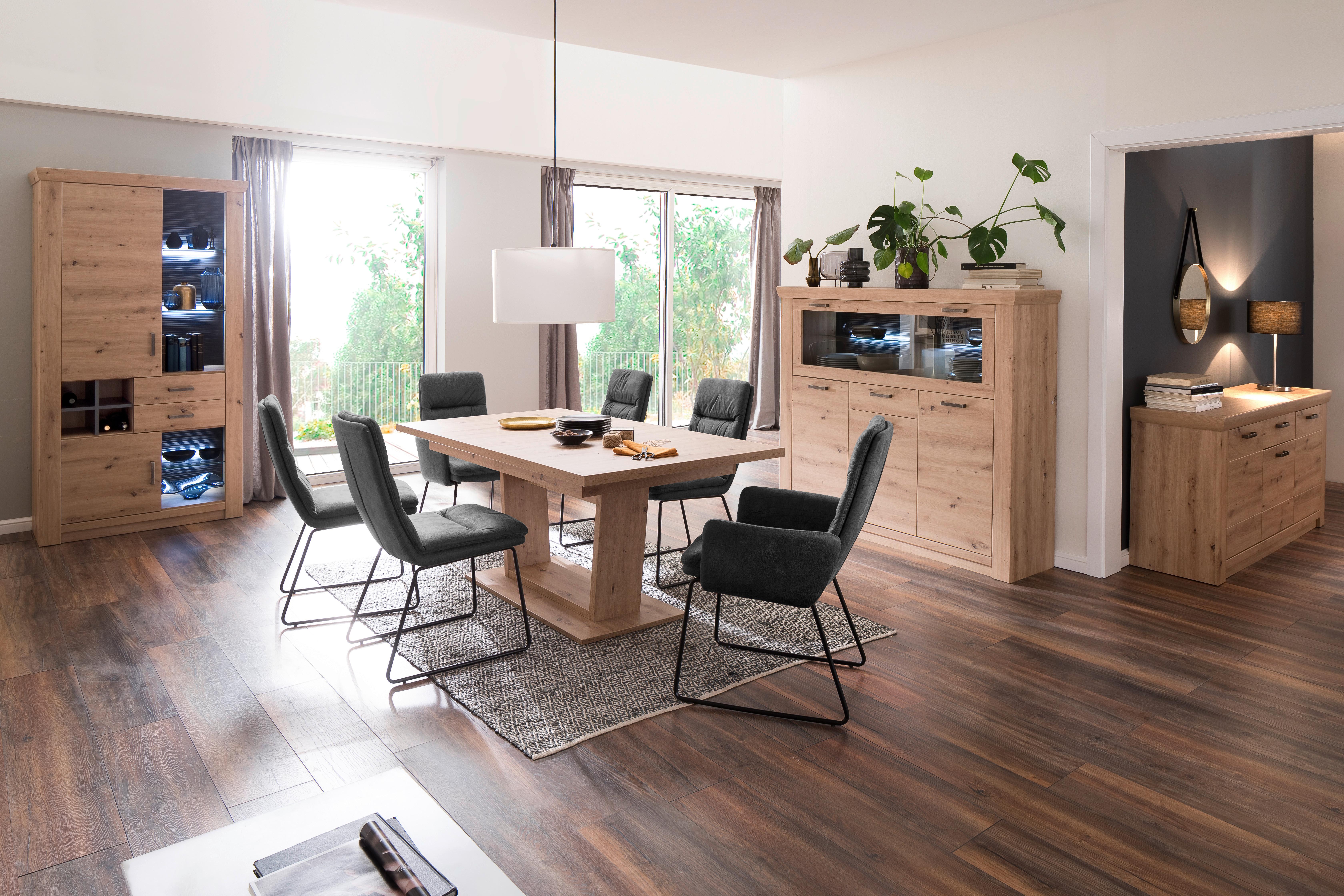 Highboard B: 164 cm Meran Eichefarben - Eichefarben/Anthrazit, Design, Glas/Holzwerkstoff (164/146/45cm) - Livetastic