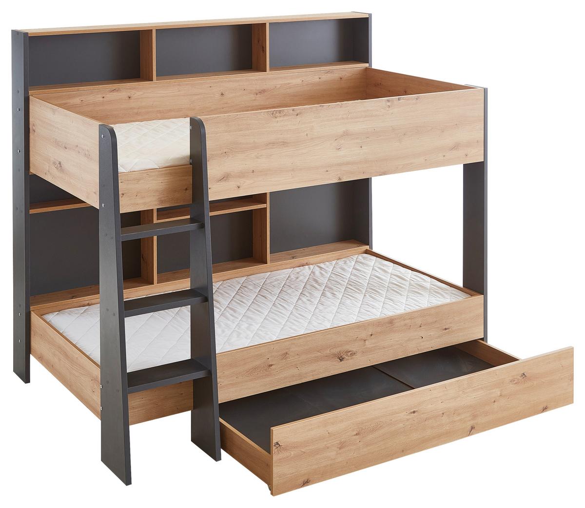 Etagenbett Sely, Eiche Dekor, Anthrazit, Lf: 90x200 cm - Anthrazit/Eiche Artisan, KONVENTIONELL, Holzwerkstoff (209/168/128cm)