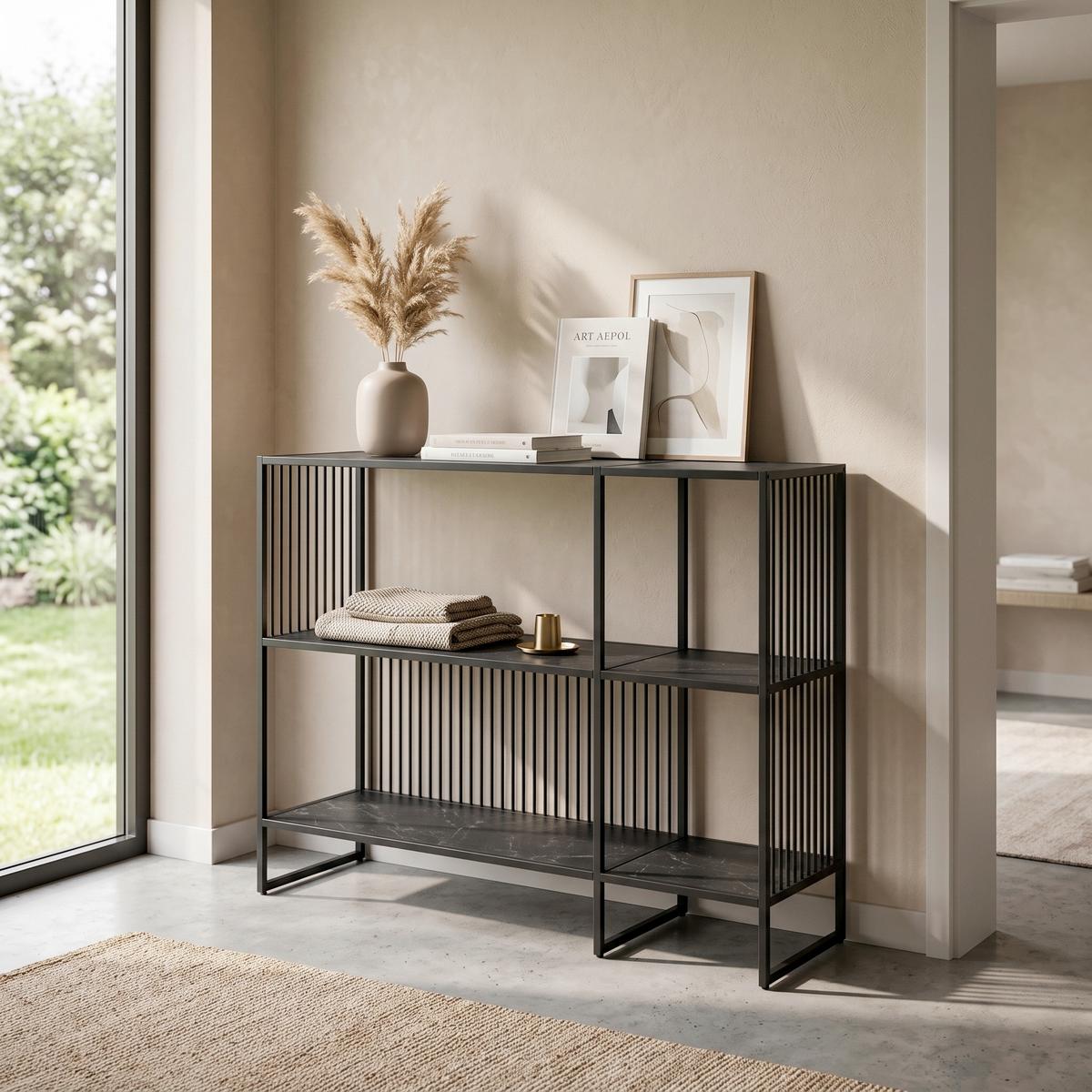 Regál STRINGTON - černá, Design, kov/kompozitní dřevo (120/83/35cm) - MID.YOU