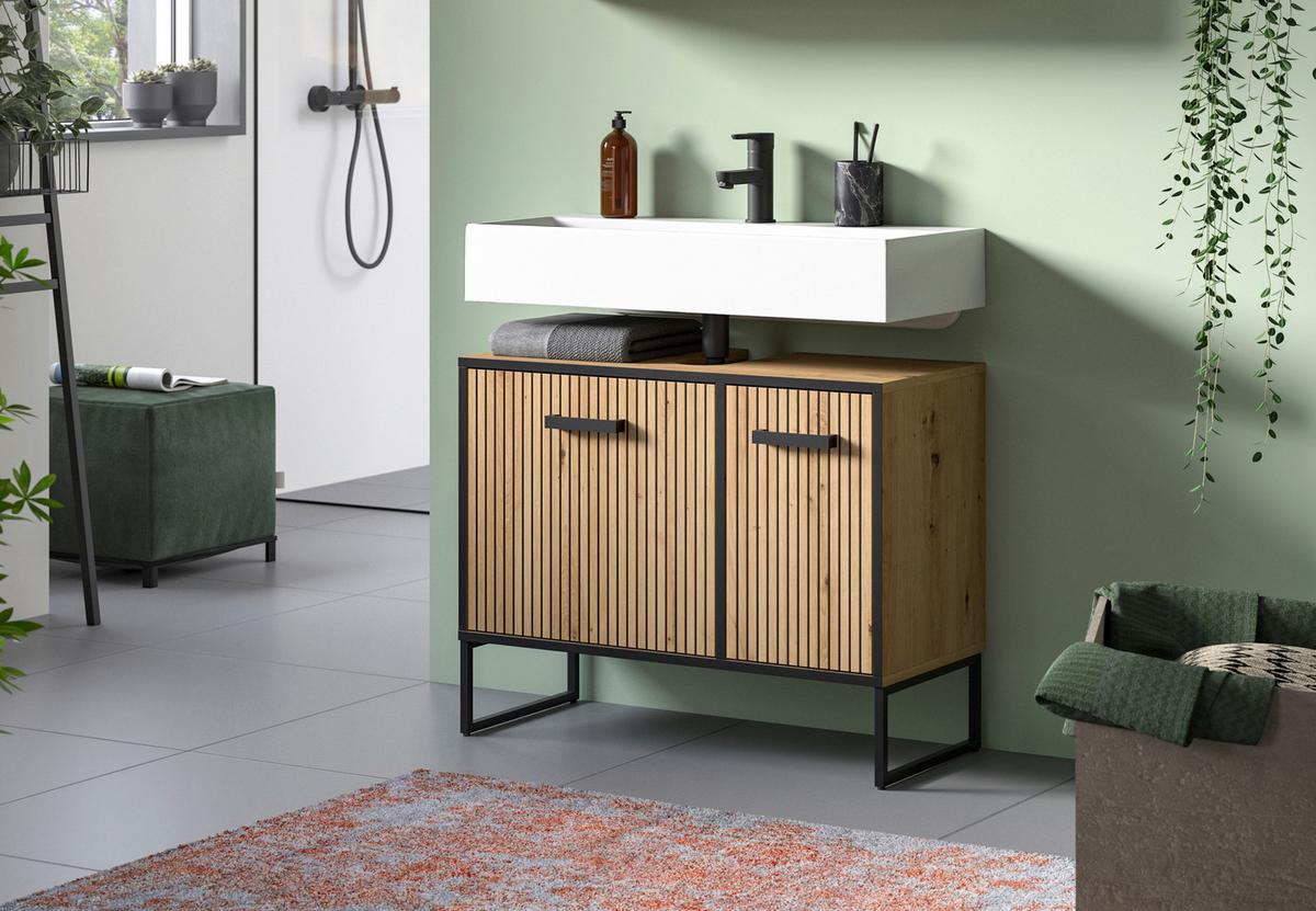 Waschbeckenunterschrank Bagno Schwarz/Eiche Dekor B: 80cm - Schwarz/Eiche Artisan, Trend, Holzwerkstoff (80/63/36cm) - MID.YOU