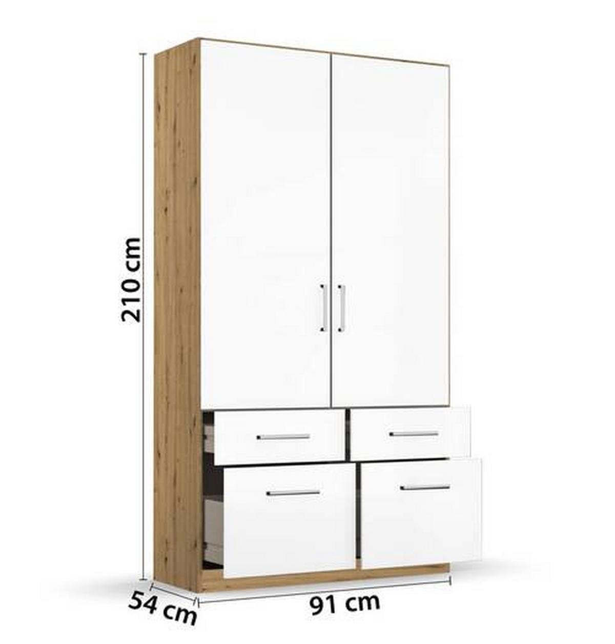 Drehtürenschrank B: 91 cm Berlin Eiche Dekor/Weiß - Weiß Hochglanz/Eiche Artisan, MODERN, Holzwerkstoff (91/210/54cm) - Rauch Möbel