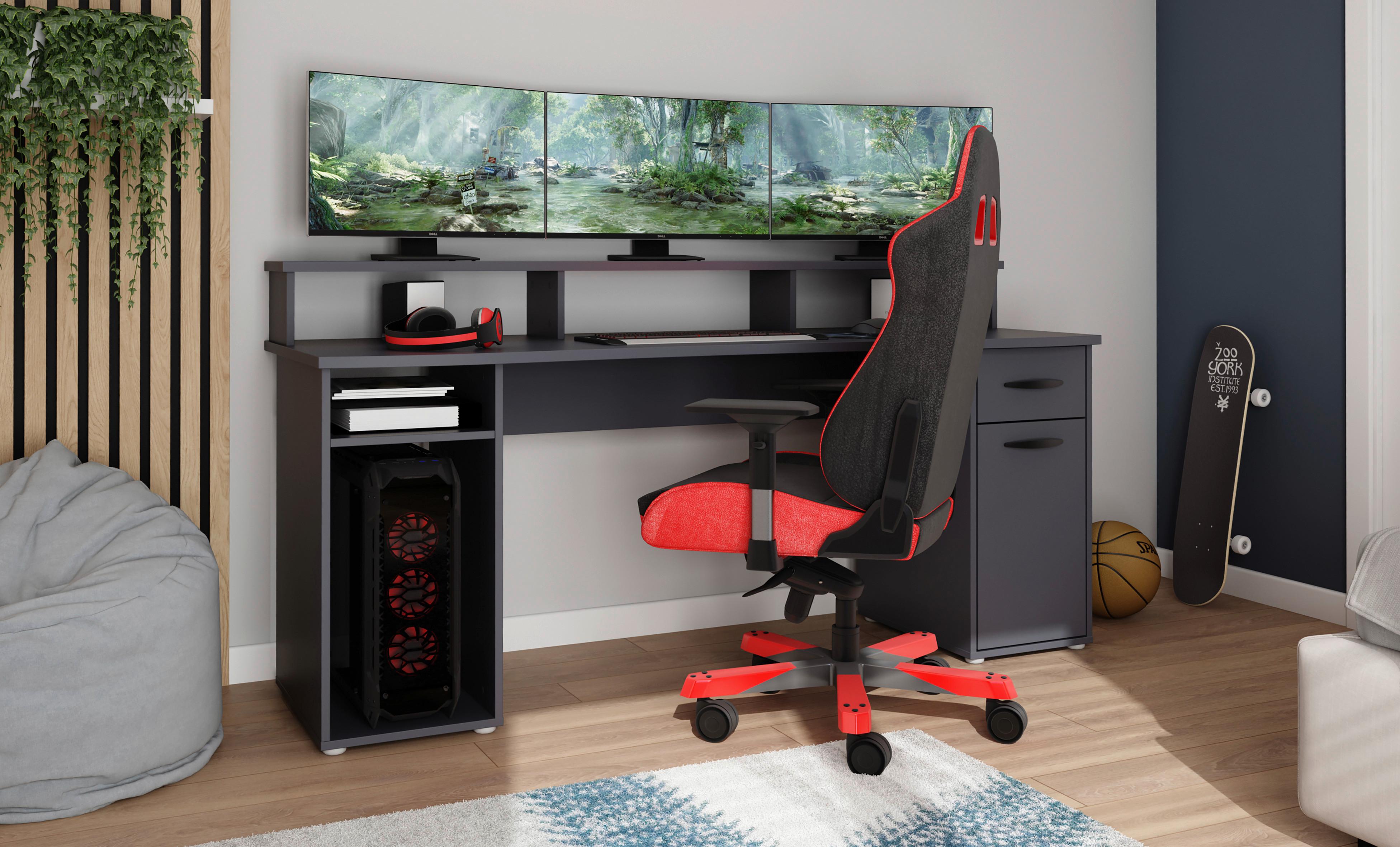 Schreibtisch mit Stauraum B180 H77 cm Fantastic, Anthrazit - Anthrazit, MODERN, Holzwerkstoff (180/65/93cm) - MID.YOU