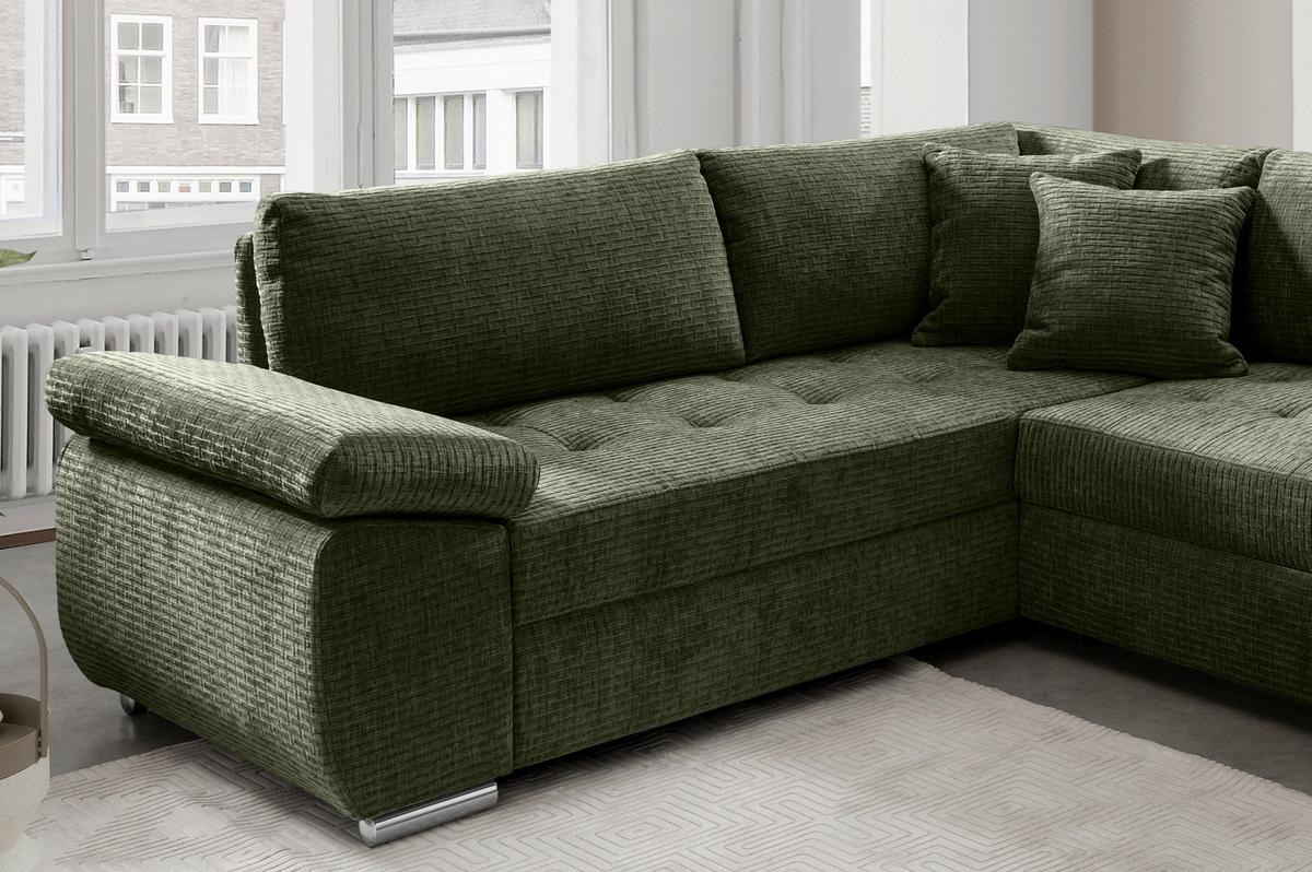 Wohnlandschaft Terana Olivgrün mit Schlaffunktion, Mikrofaser - Chromfarben/Olivgrün, KONVENTIONELL, Textil (219/305/157cm) - Livetastic