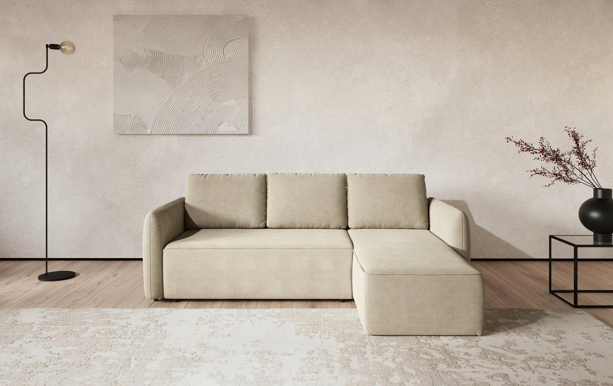 Ecksofa mit Bettfunktion Flow Cord beige, B: 239cm - Beige/Schwarz, Trend, Textil (239/170cm) - MID.YOU