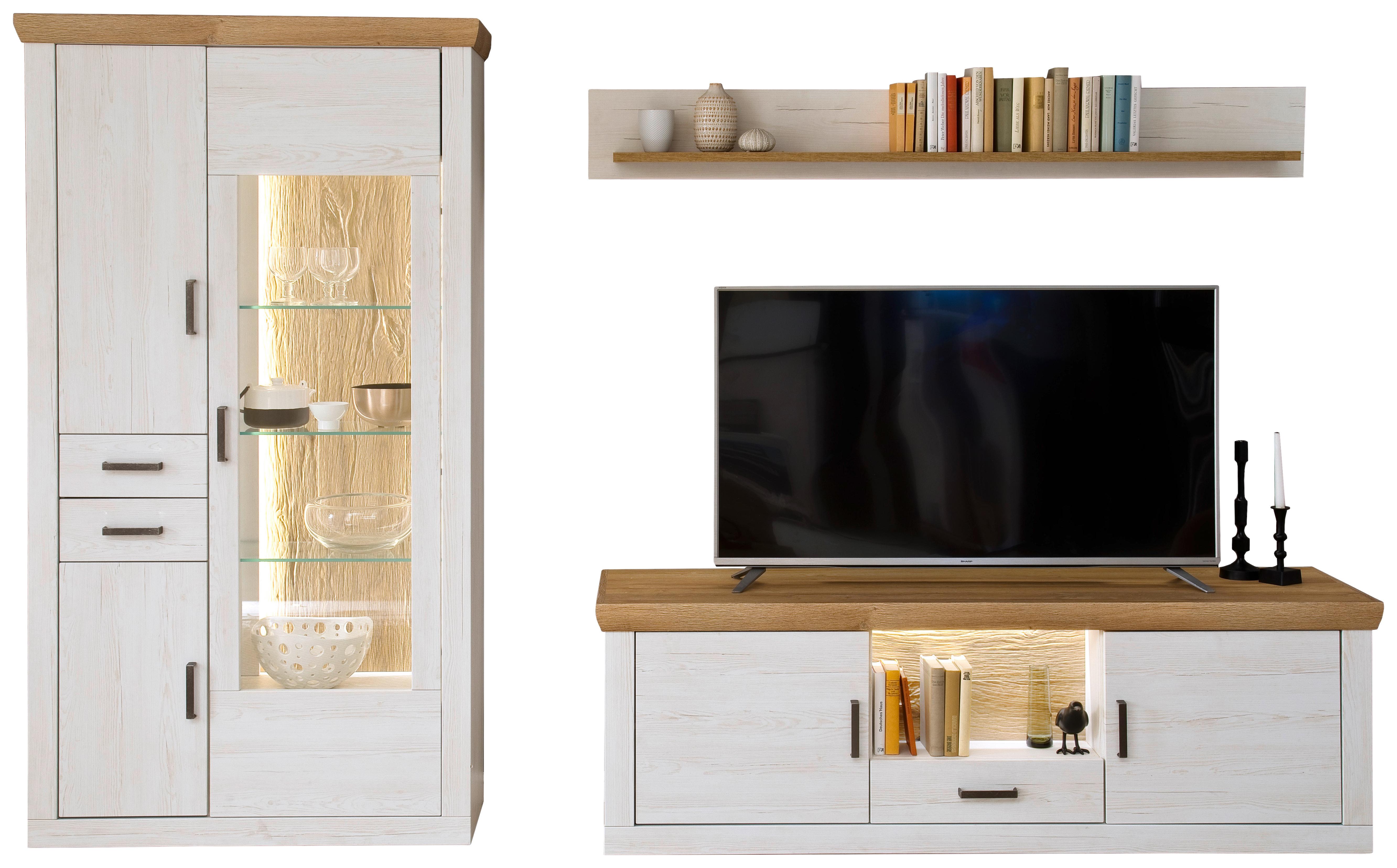 Wohnkombination 3-Tlg. Madrid Eiche-/Pinienfarben - Eichefarben/Schwarz, Design, Glas/Holzwerkstoff (297/205/50cm) - MID.YOU