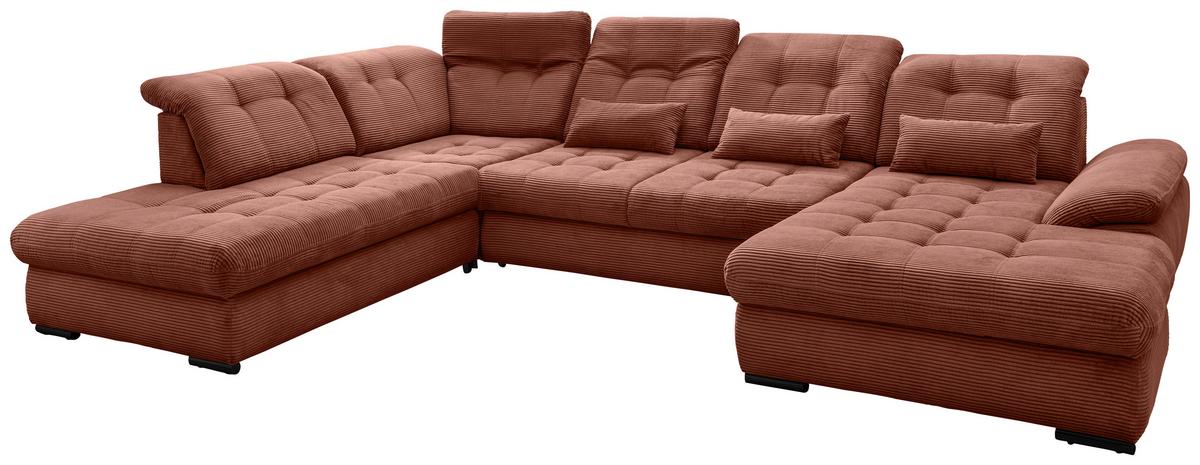 Wohnlandschaft Mit Bettkasten Rigatti Koralle B: 387 Cm - Koralle/Schwarz, MODERN, Textil (252/387/184cm) - Livetastic