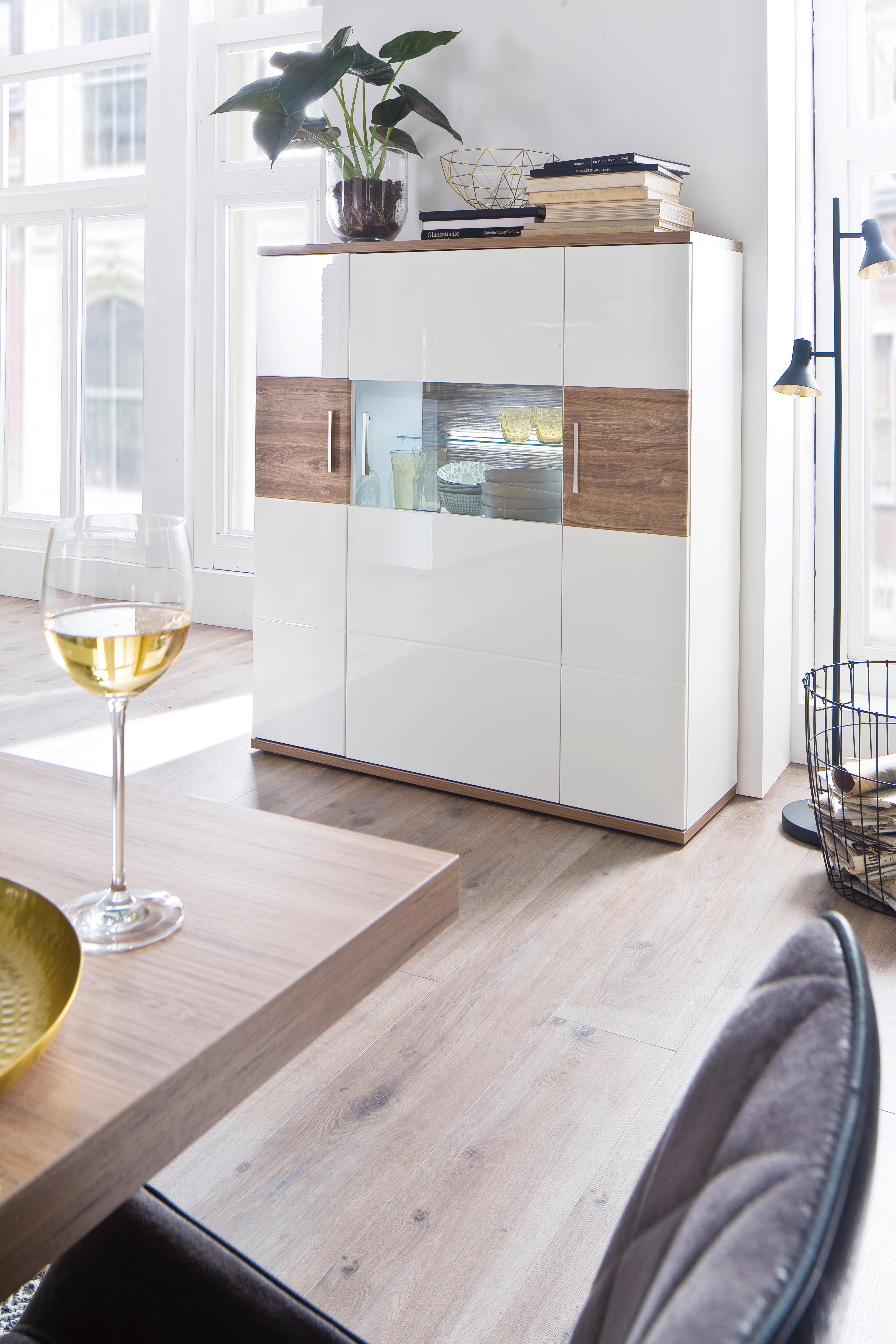 Highboard B: 120 cm Luzern Weiß/Eichefarben - Eichefarben/Weiß, Design, Glas/Holzwerkstoff (120/135/37cm) - Livetastic