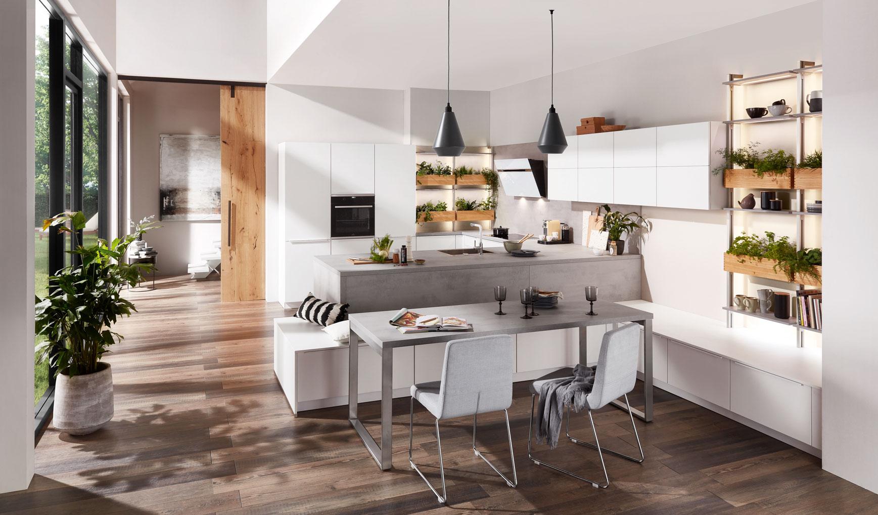 Einbauküche Las Vegas Frei Planbar Modern, Grifflos - Eichefarben/Weiß, MODERN, Holzwerkstoff - Vertico