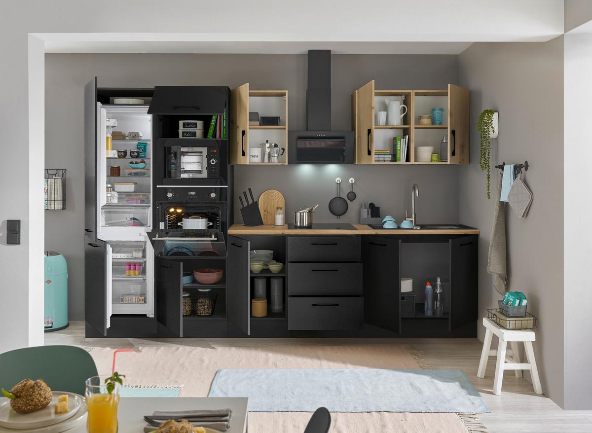 Küchenblock Turin Schwarz/Eiche Dekor B: 330 cm - Schwarz/Eiche Artisan, Basics, Holzwerkstoff (330cm) - MID.YOU