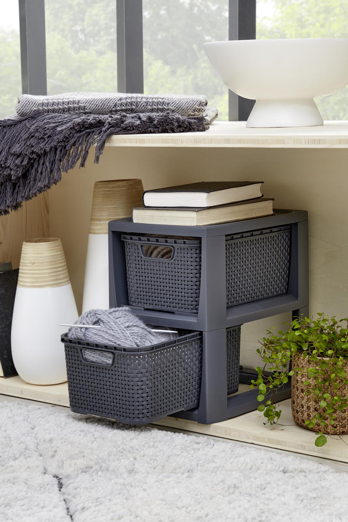 Schubladenbox Rattan Weiß , Anthrazit, 24,1x29,6x33 cm - Anthrazit/Weiß, Basics (24,1/29,6/33cm) - Ondega