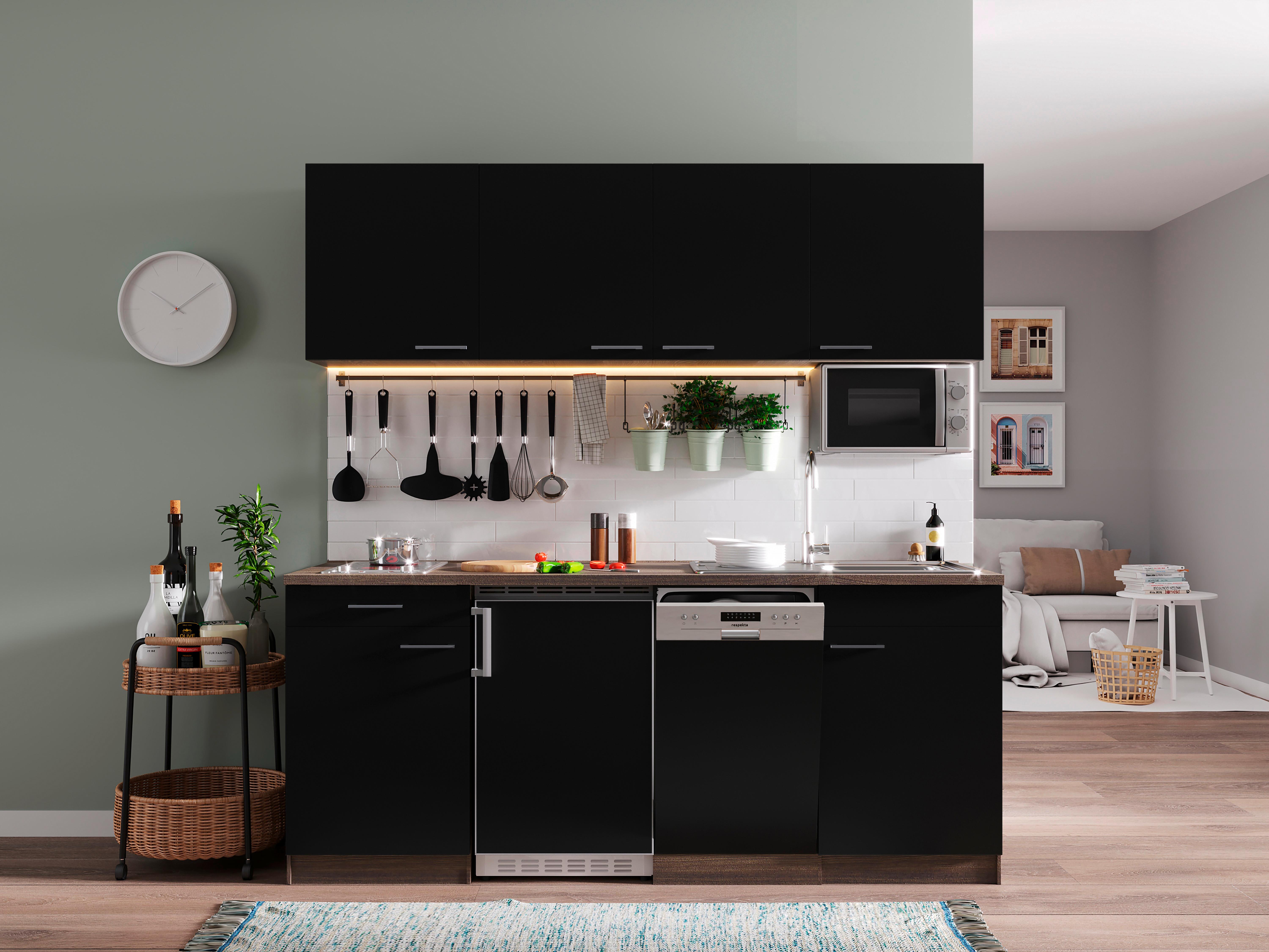 Küchenzeile Economy mit Geräten 195 cm Schwarz/Eiche Dekor - Eichefarben/Schwarz, Basics, Holzwerkstoff (195cm) - Respekta