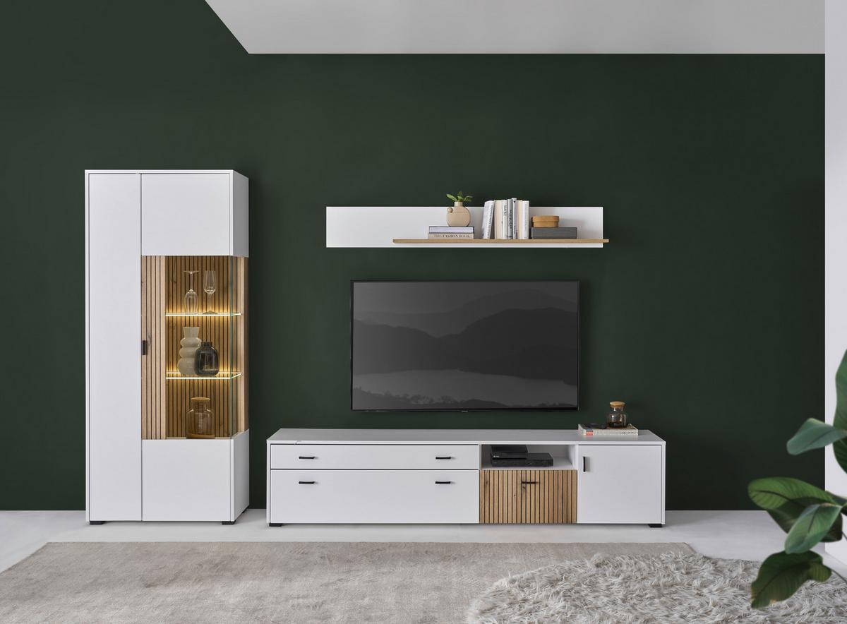 Hudson Wohnwand Weiß/Eichefarben B: 328 cm - Eichefarben/Schwarz, Design, Glas/Holzwerkstoff (328/180/42cm) - MID.YOU
