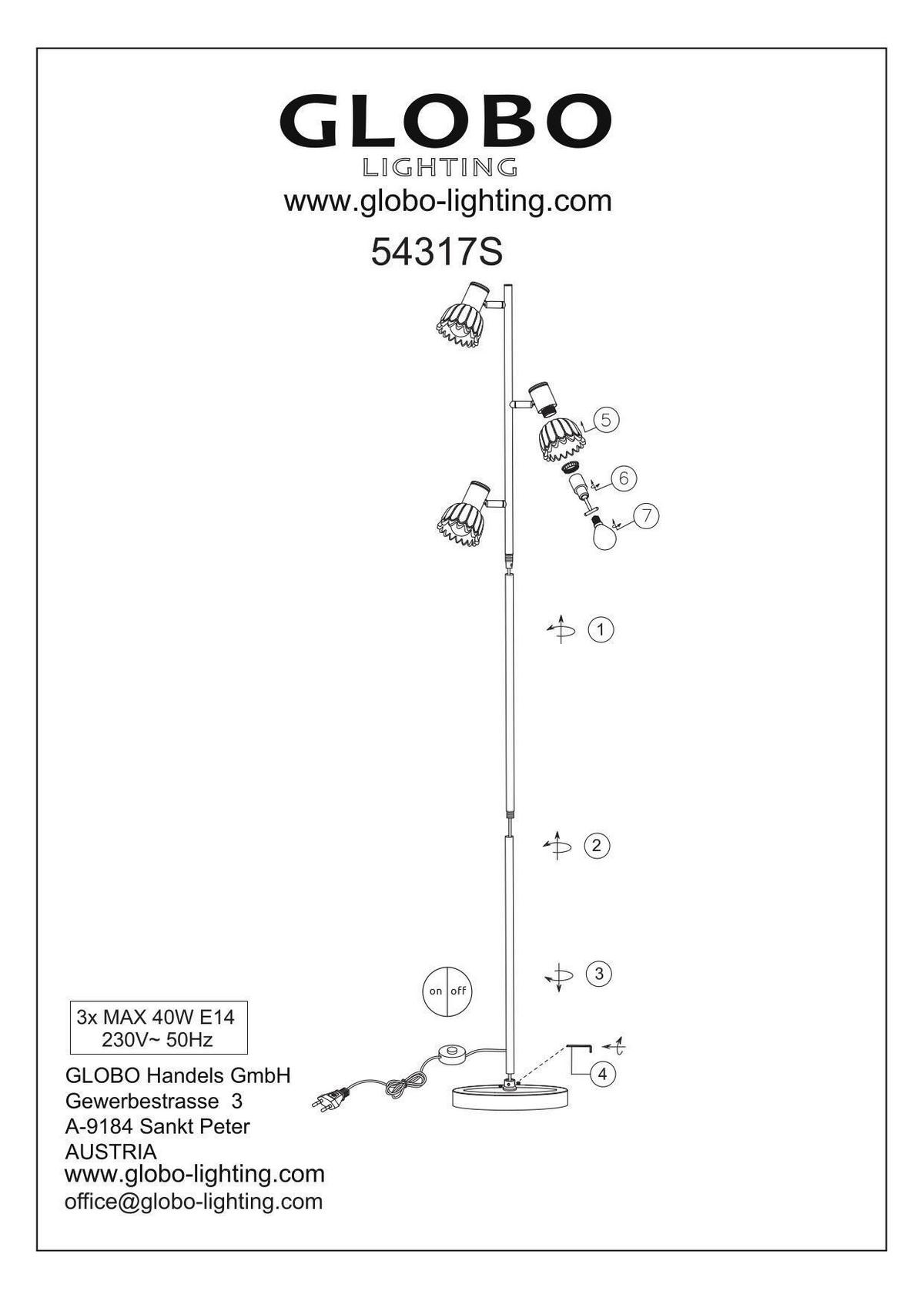 Stehleuchte Exkl. 3xe14, 40w - Sandfarben/Schwarz, KONVENTIONELL, Glas/Kunststoff (28/23/154cm) - Globo