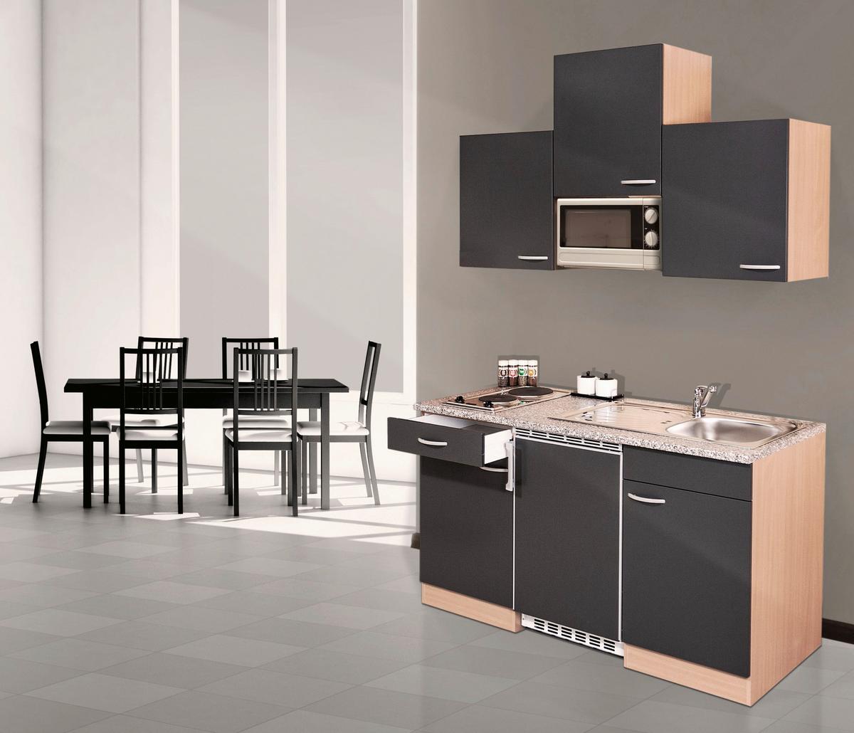 Miniküche Mit Kühlschrank B: 150 Cm Grau/buchefarben - Buchefarben/Grau, KONVENTIONELL, Holzwerkstoff (150cm) - Respekta