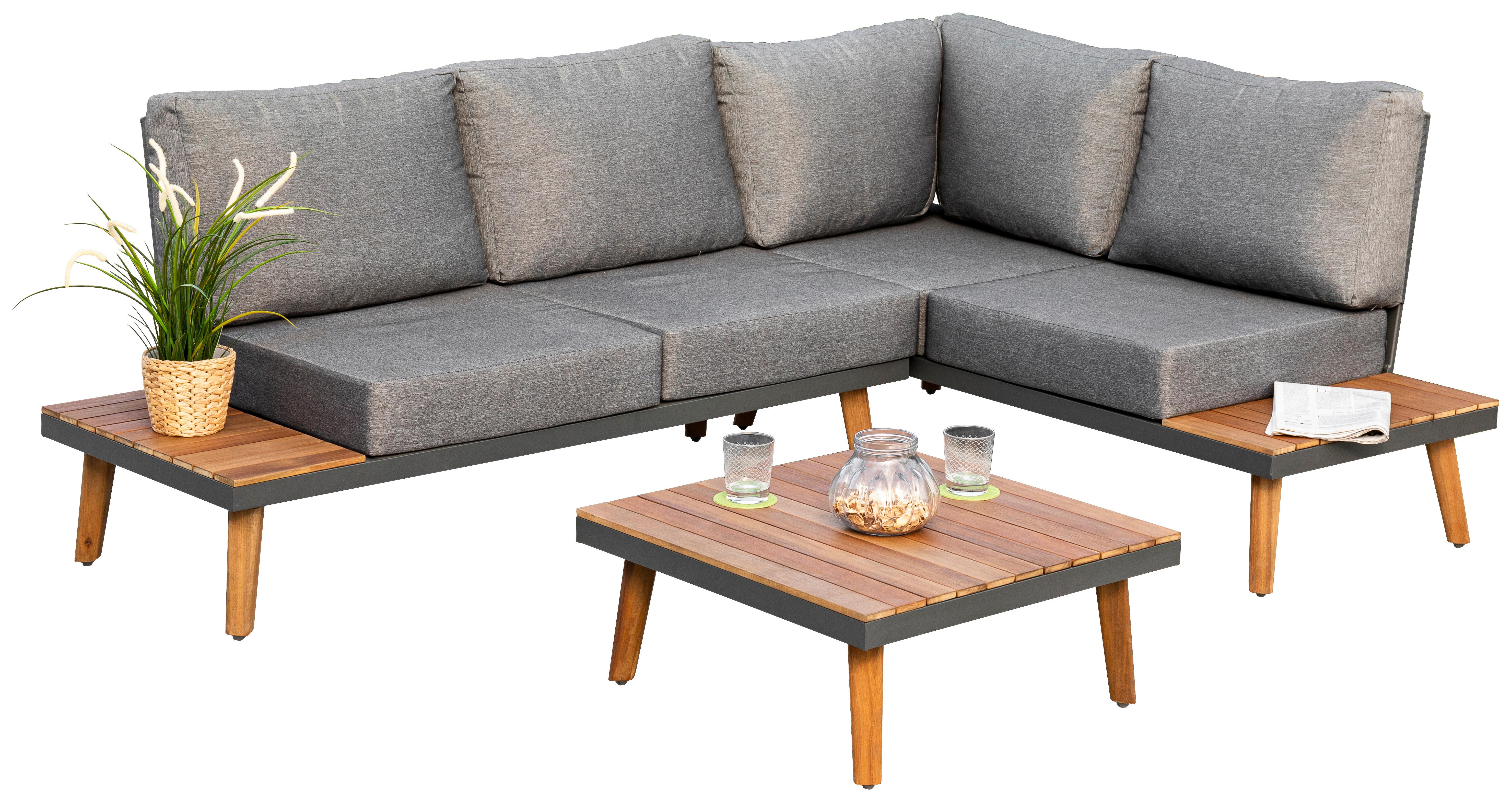 Loungegarnitur Attika Akazie Echtholz Mit Kissen - Graphitfarben/Braun, KONVENTIONELL, Holz/Textil (211/28/152,5cm) - Gardenson