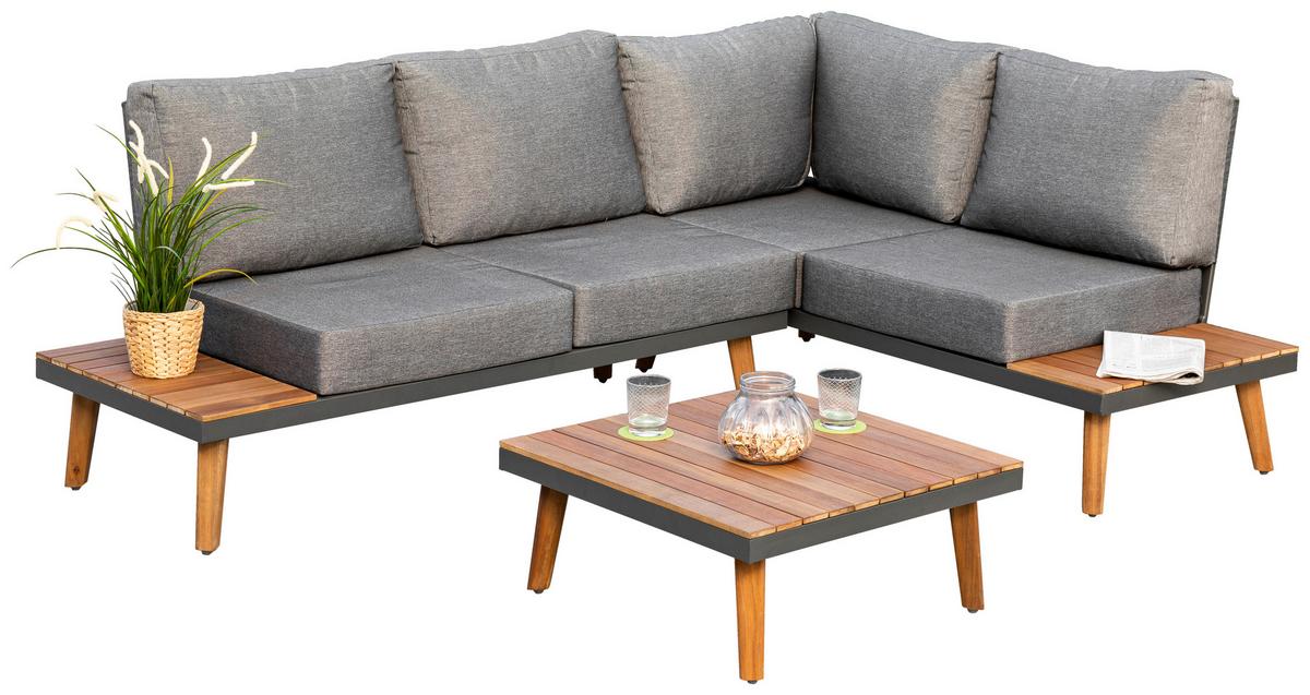 Loungegarnitur Attika Akazie Echtholz Mit Kissen - Graphitfarben/Braun, KONVENTIONELL, Holz/Textil (211/28/152,5cm) - Gardenson