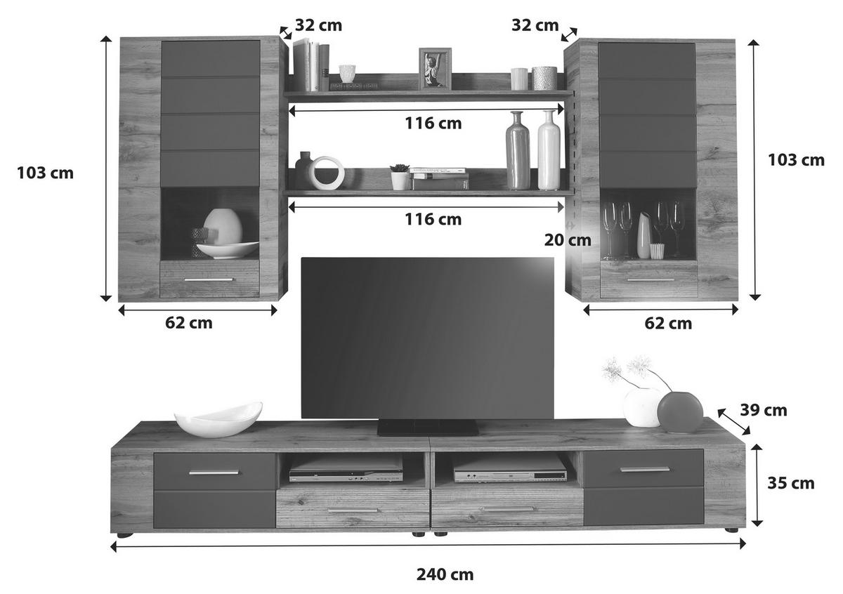 Wohnwand Modern 6-tlg. Mit Led Fargo, Wotan Eiche Dekor/grau - Eichefarben/Grau, MODERN (240/192/38cm)