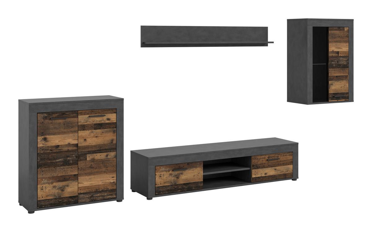 Wohnwand Jam Grau/Naturfarben B: 330 cm - Schwarz/Naturfarben, Design, Glas/Holzwerkstoff (330/169/35cm) - MID.YOU