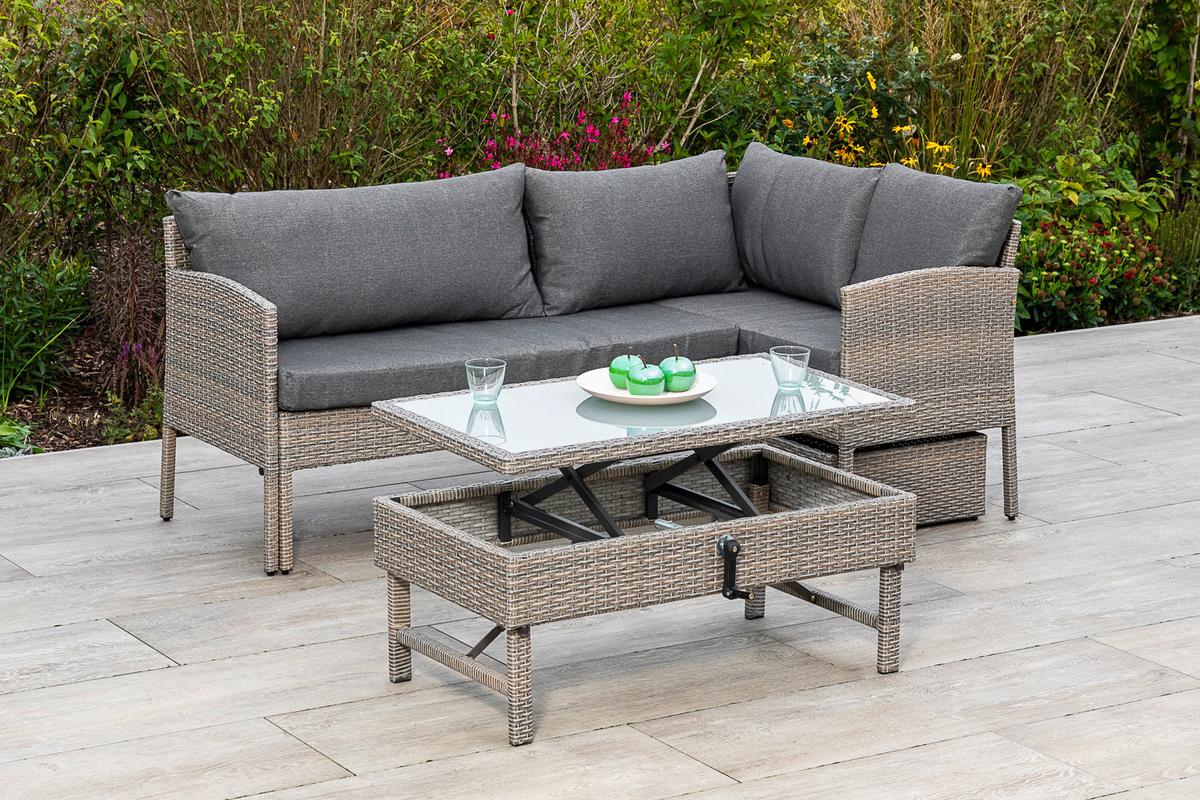 Loungegarnitur Viletta Aus Kunststoffgeflecht mit Kissen - Beige, MODERN, Glas/Kunststoff (190/113cm) - Gardenson