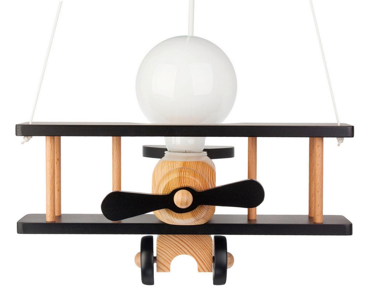 Kinderhängeleuchte Flugzeug H: 75 Cm 1-Flammig - Schwarz/Naturfarben, KONVENTIONELL, Holz (29/31/75cm)