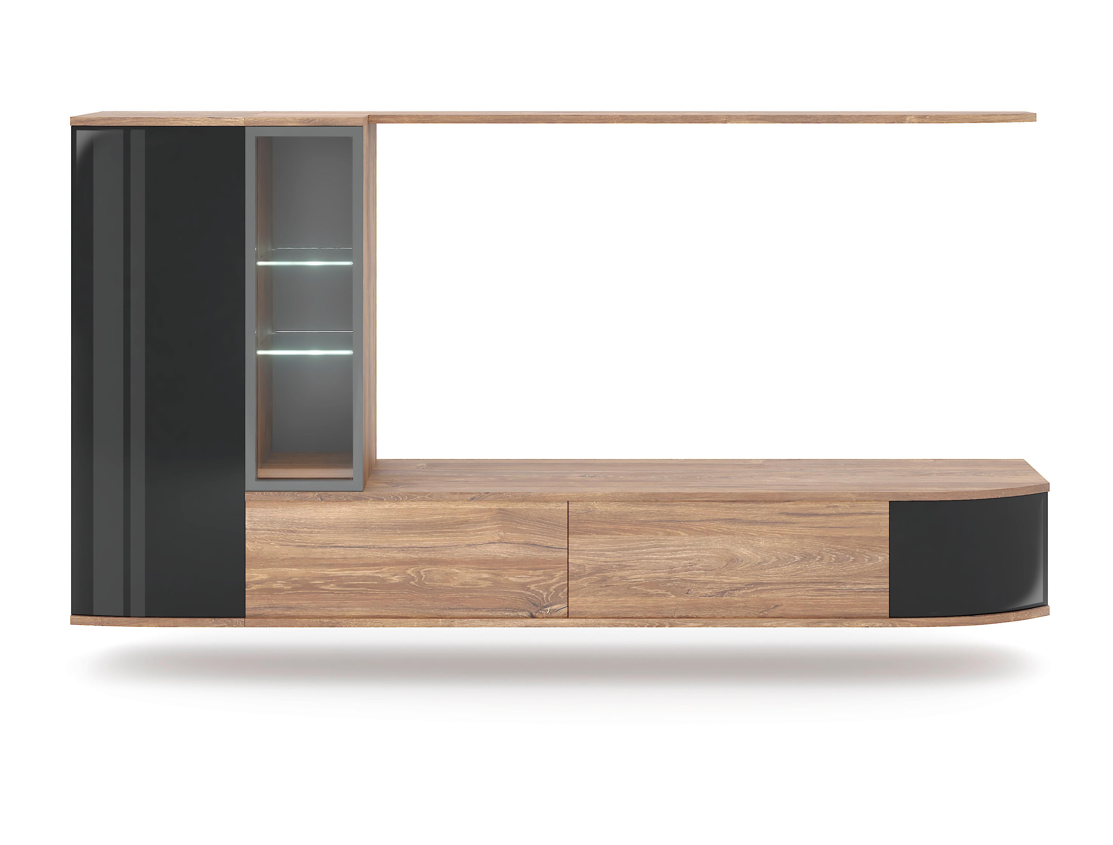 Obývacia stena čierna/farba duba - čierna/farba duba, Design, kompozitné drevo/sklo (255/130/40cm) - MID.YOU